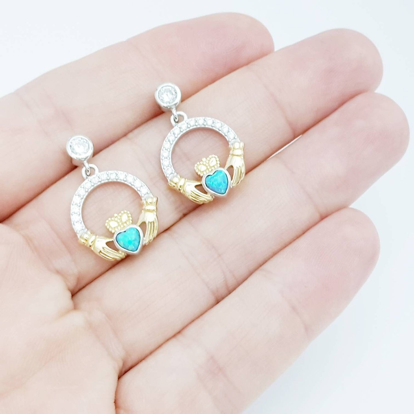 Opal claddagh Earrings, Silver Claddagh Earrings, October birthstone