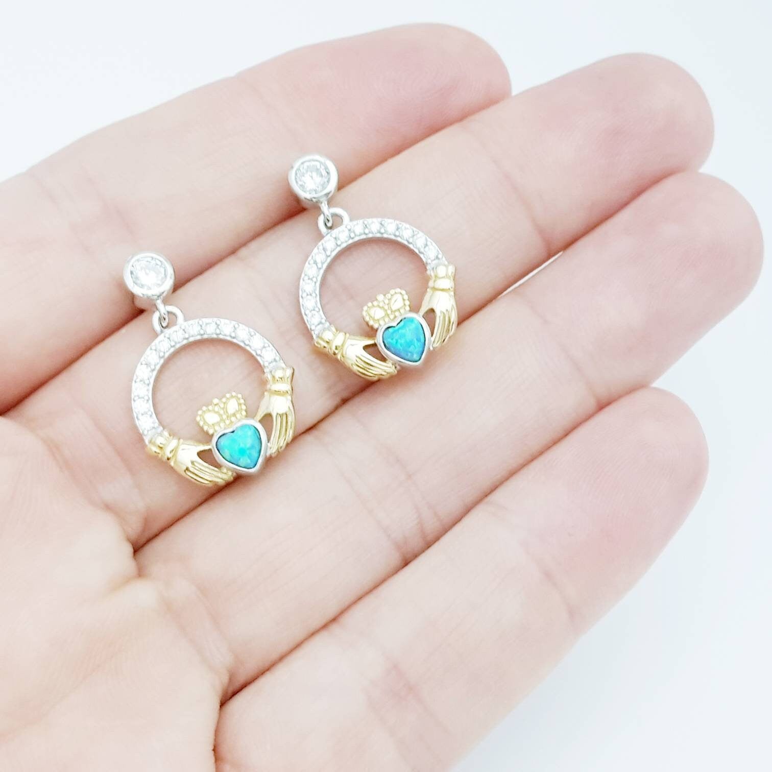 Opal claddagh Earrings, Silver Claddagh Earrings, October birthstone