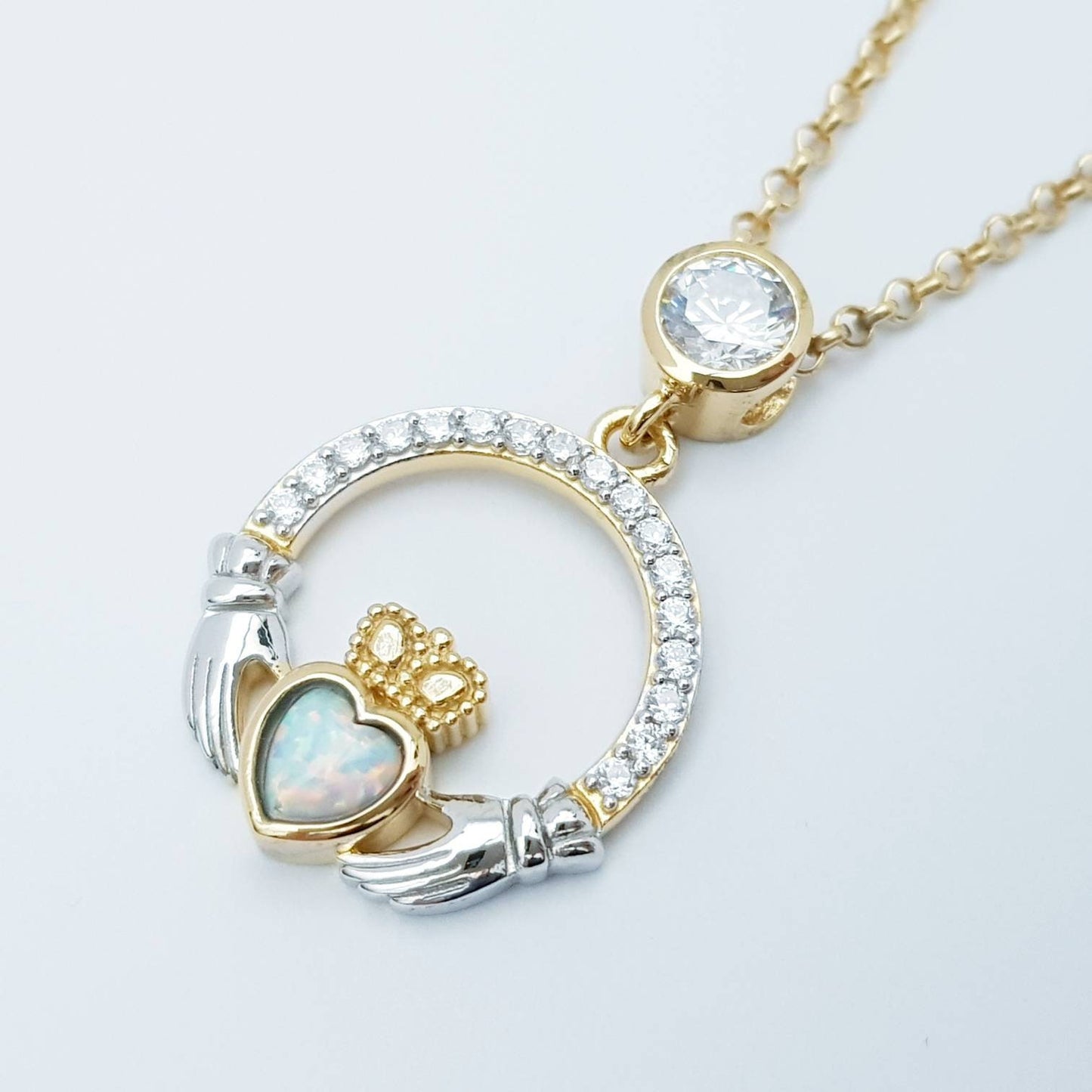 Opal Claddagh pendant, claddagh necklace, yellow gold claddagh pendant October birthstone