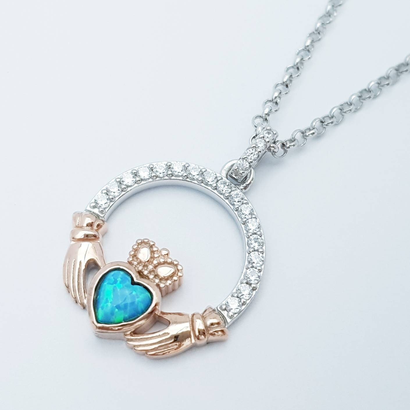 Opal Claddagh pendant, claddagh necklace, rose gold claddagh pendant October birthstone
