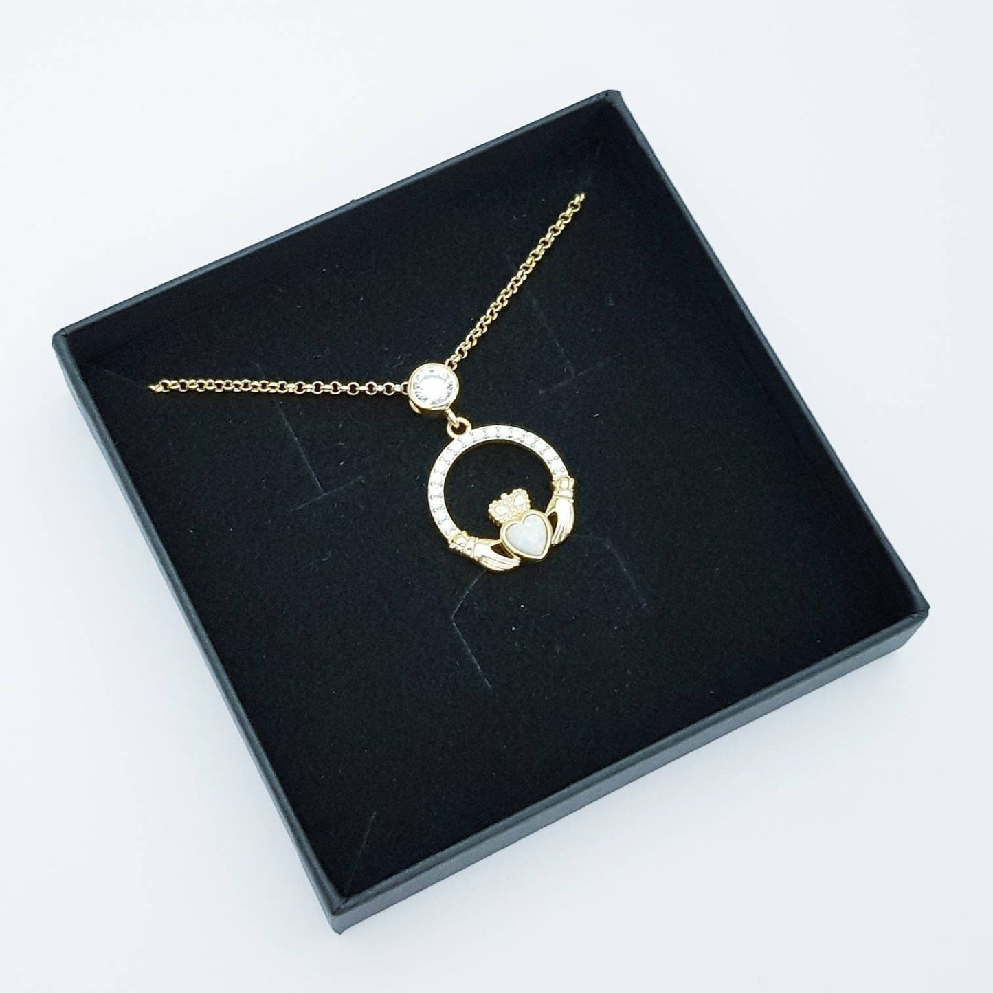 Opal Claddagh pendant, claddagh necklace, yellow gold claddagh pendant October birthstone