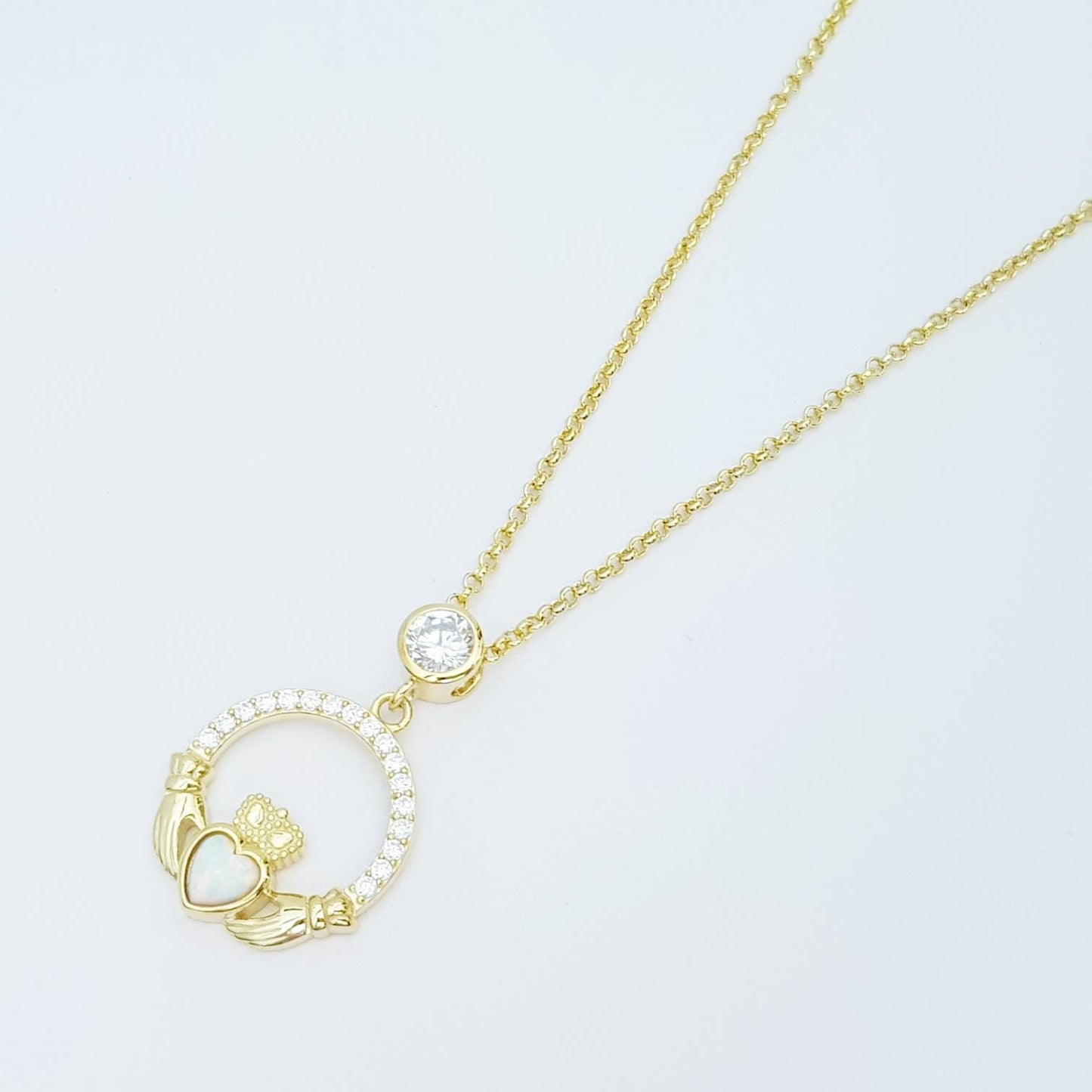Opal Claddagh pendant, claddagh necklace, yellow gold claddagh pendant October birthstone