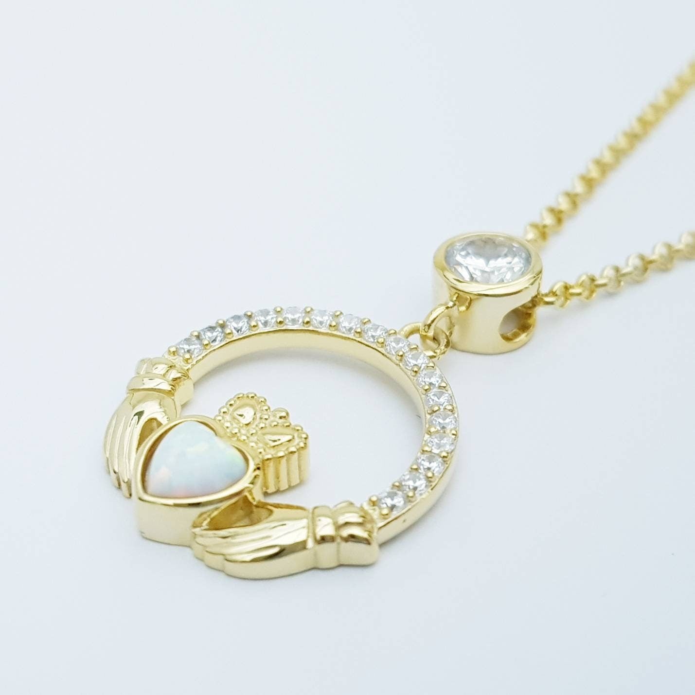Opal Claddagh pendant, claddagh necklace, yellow gold claddagh pendant October birthstone