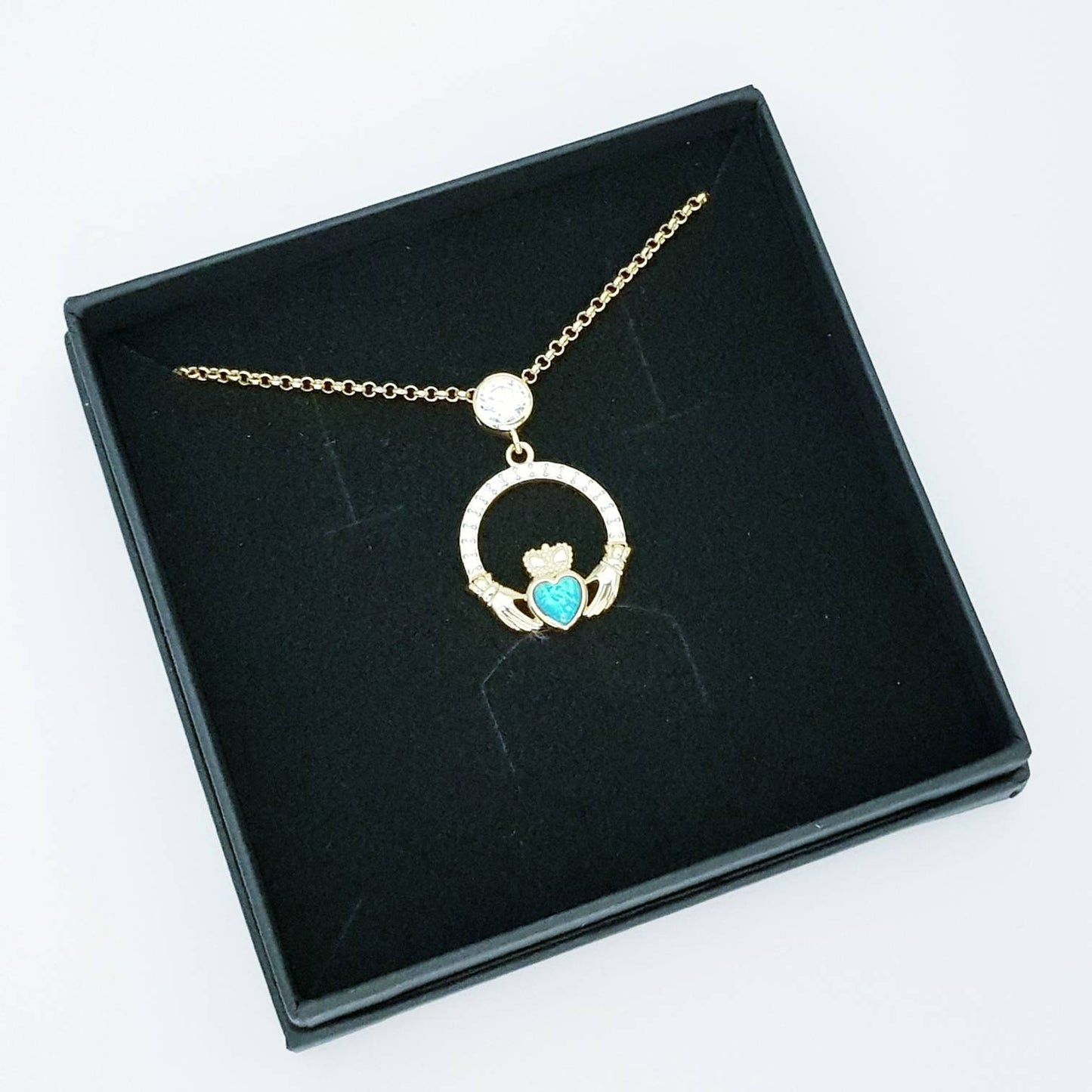 Opal Claddagh pendant, claddagh necklace, yellow gold plated claddagh pendant