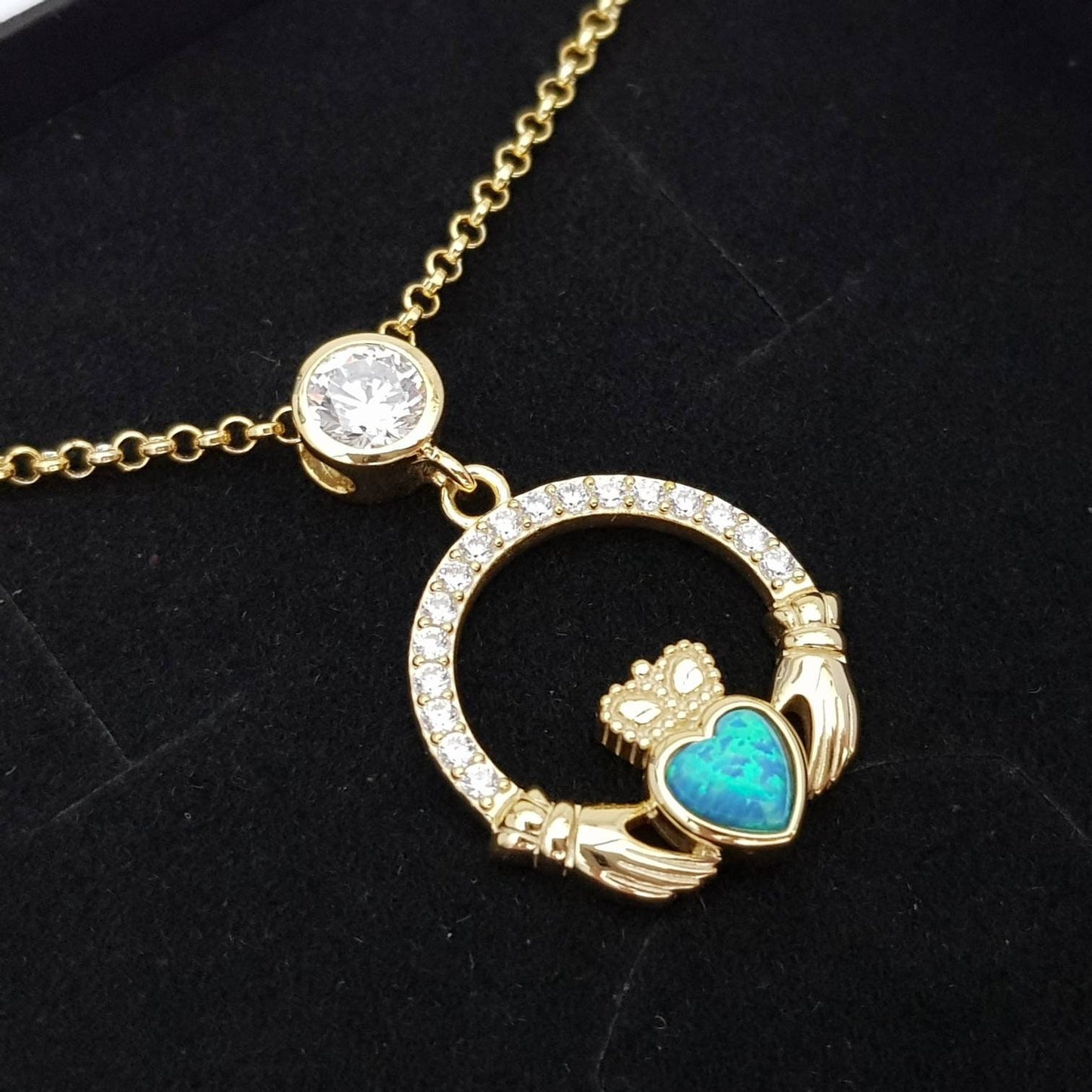 Opal Claddagh pendant, claddagh necklace, yellow gold plated claddagh pendant