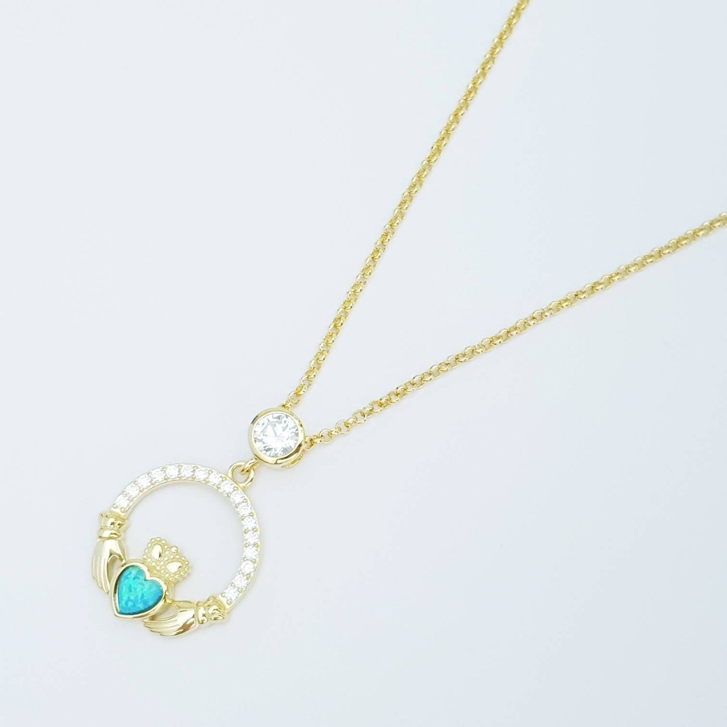 Opal Claddagh pendant, claddagh necklace, yellow gold plated claddagh pendant