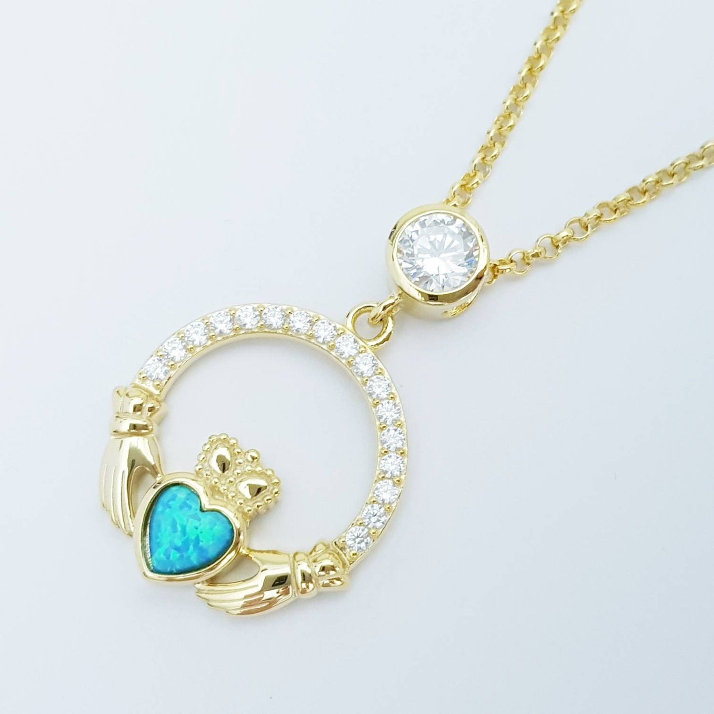 Opal Claddagh pendant, claddagh necklace, yellow gold plated claddagh pendant