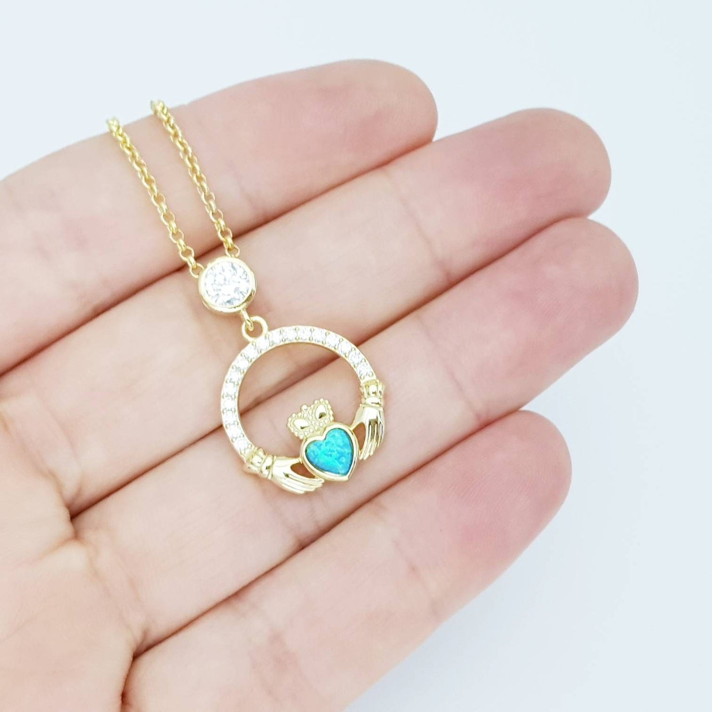Opal Claddagh pendant, claddagh necklace, yellow gold plated claddagh pendant