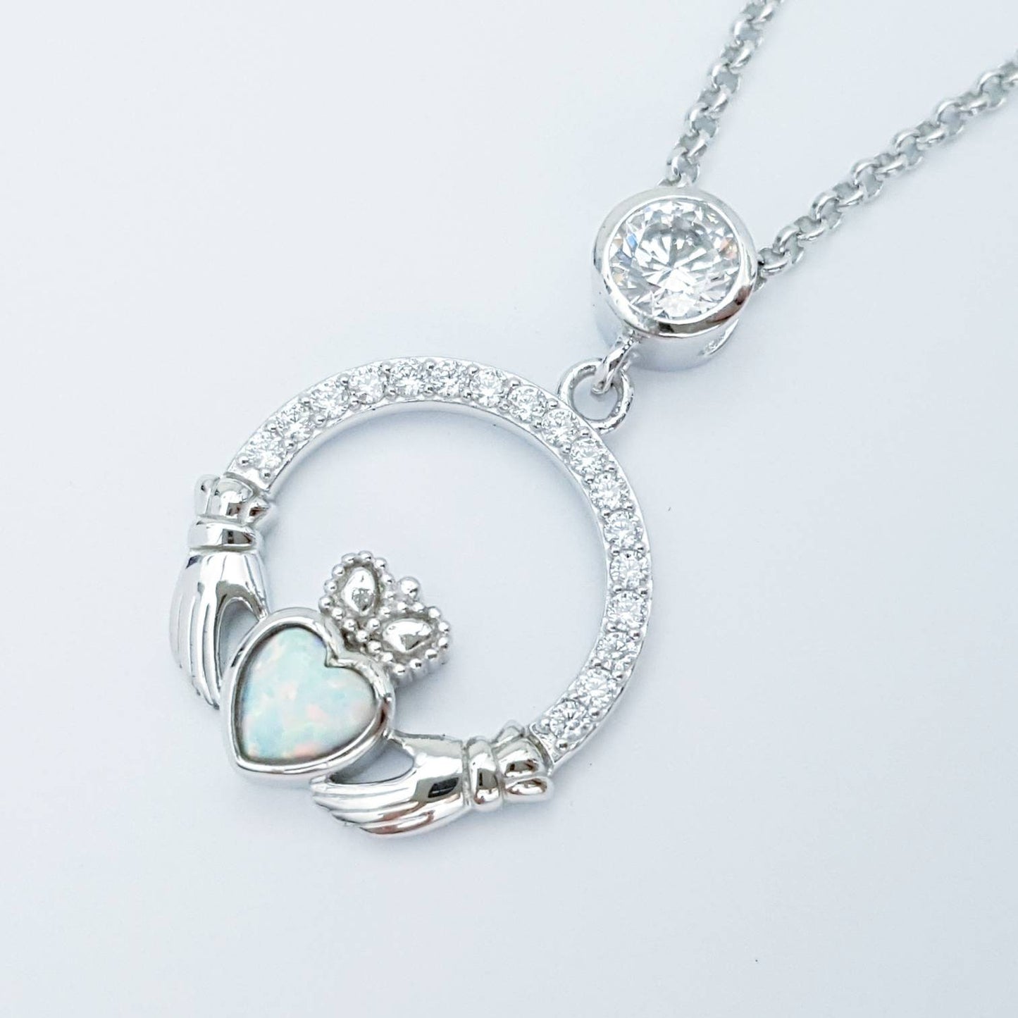 Opal Claddagh pendant, claddagh necklace, yellow gold claddagh pendant October birthstone