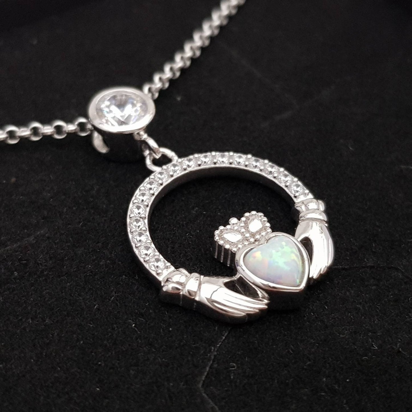 Opal Claddagh pendant, claddagh necklace, yellow gold claddagh pendant October birthstone