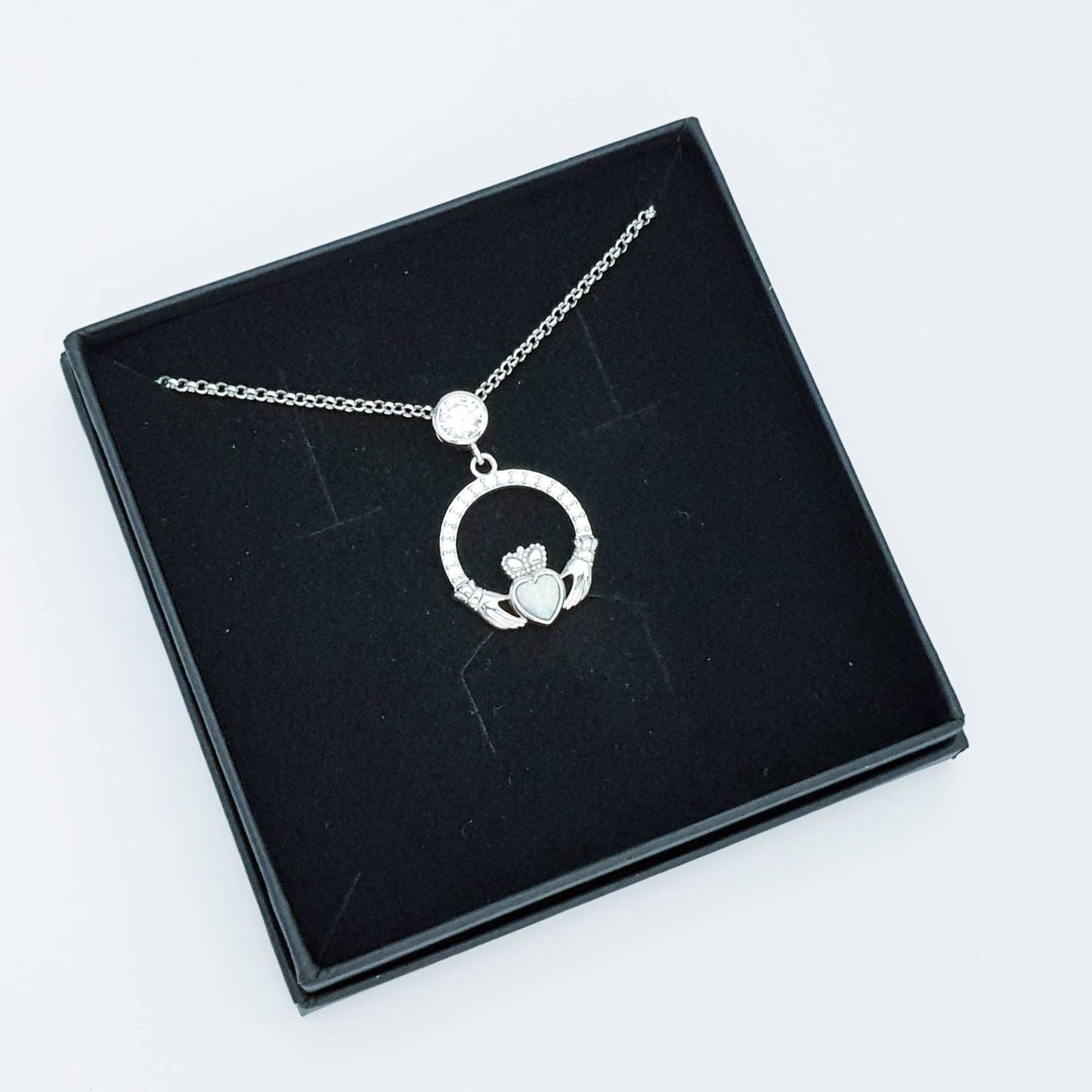 Opal Claddagh pendant, claddagh necklace, yellow gold claddagh pendant October birthstone