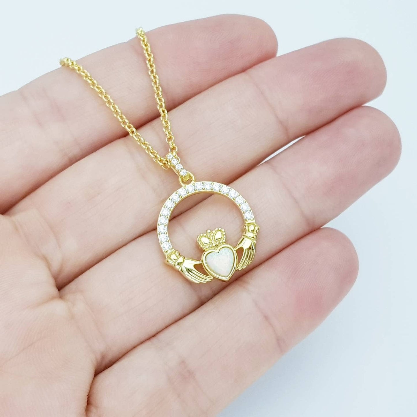 Opal Claddagh pendant, claddagh necklace, yellow gold claddagh pendant October birthstone