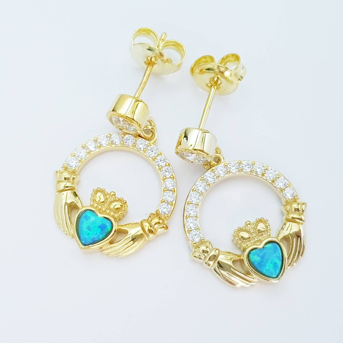 Opal claddagh Earrings, Silver Claddagh Earrings, October birthstone