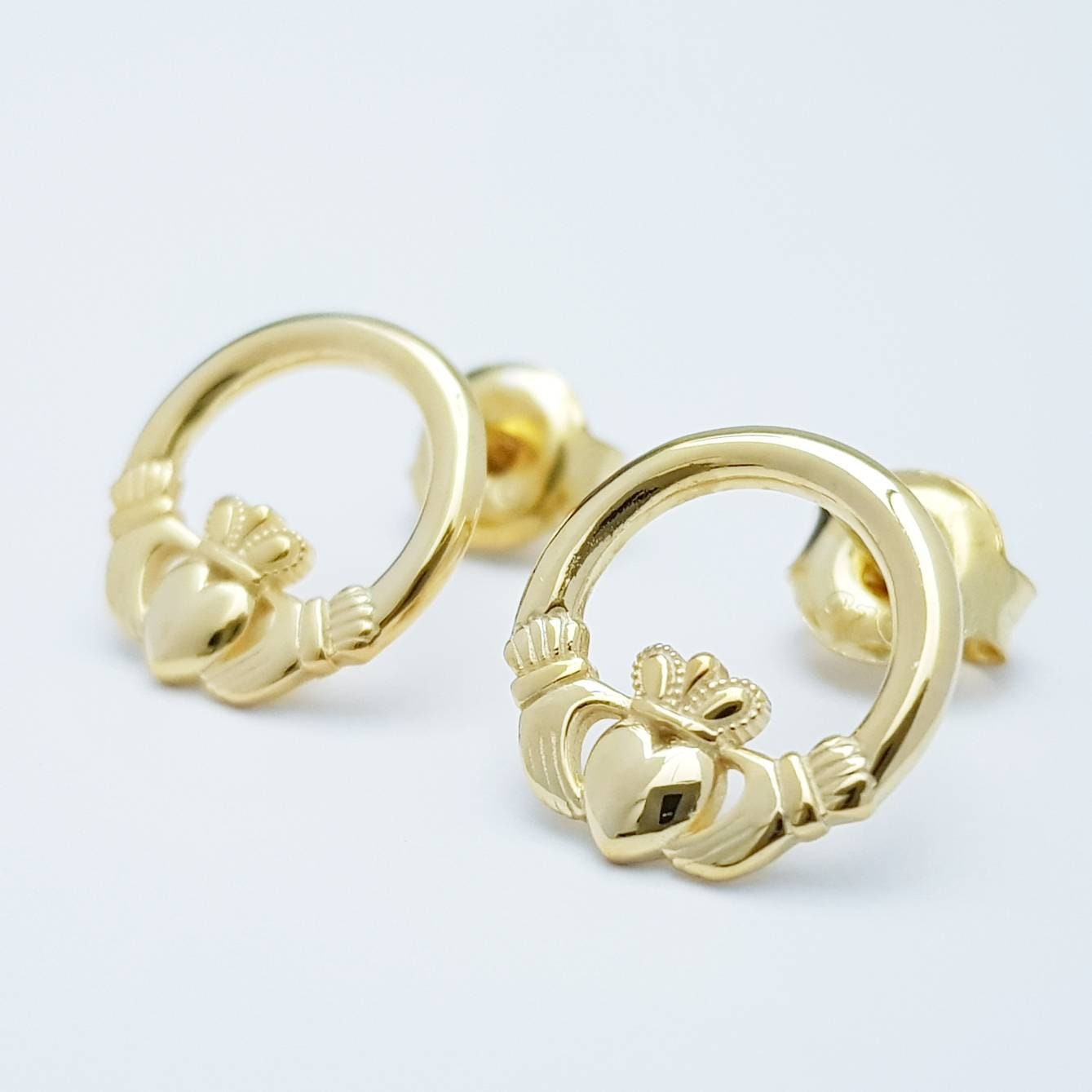 Claddagh stud Earrings, Gold plated Silver Claddagh Earrings