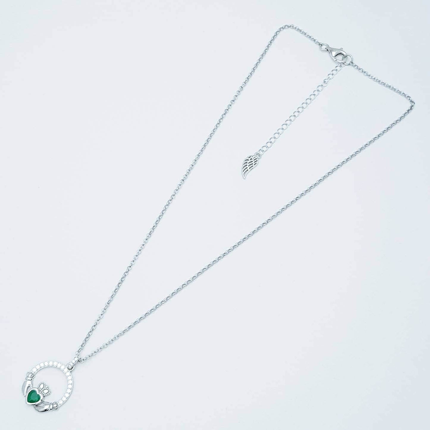 Sterling silver emerald green may birthstone claddagh necklace