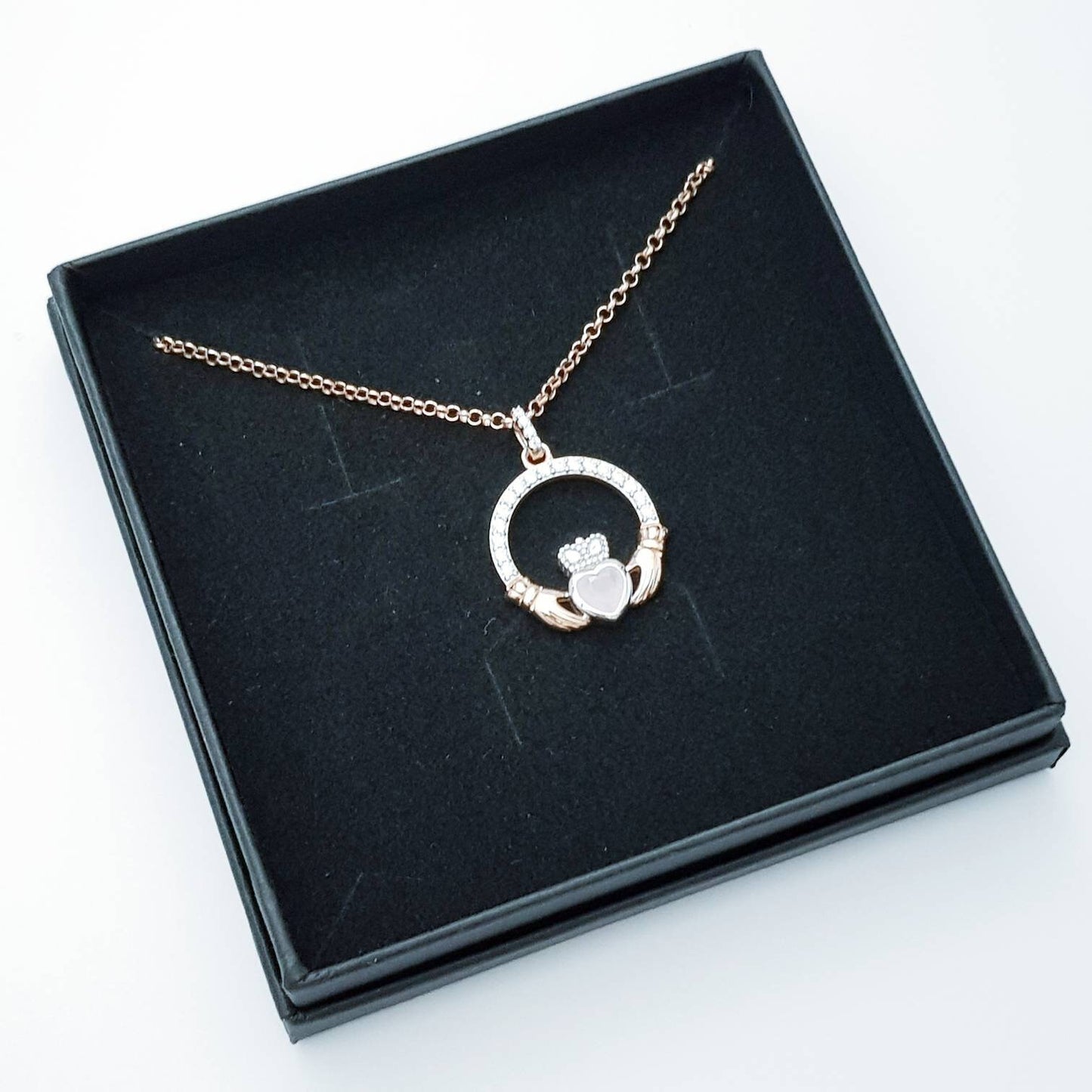 Pink Claddagh pendant, two tone claddagh necklace from Galway, Ireland, silver and rose gold claddagh pendant