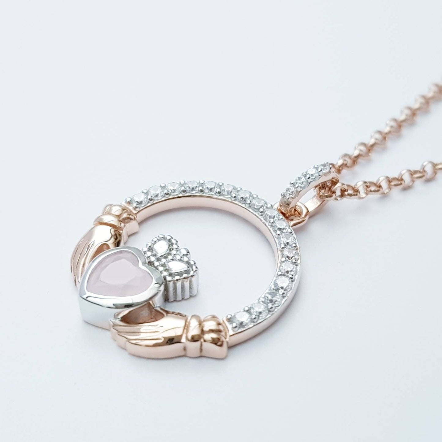 Pink Claddagh pendant, two tone claddagh necklace from Galway, Ireland, silver and rose gold claddagh pendant