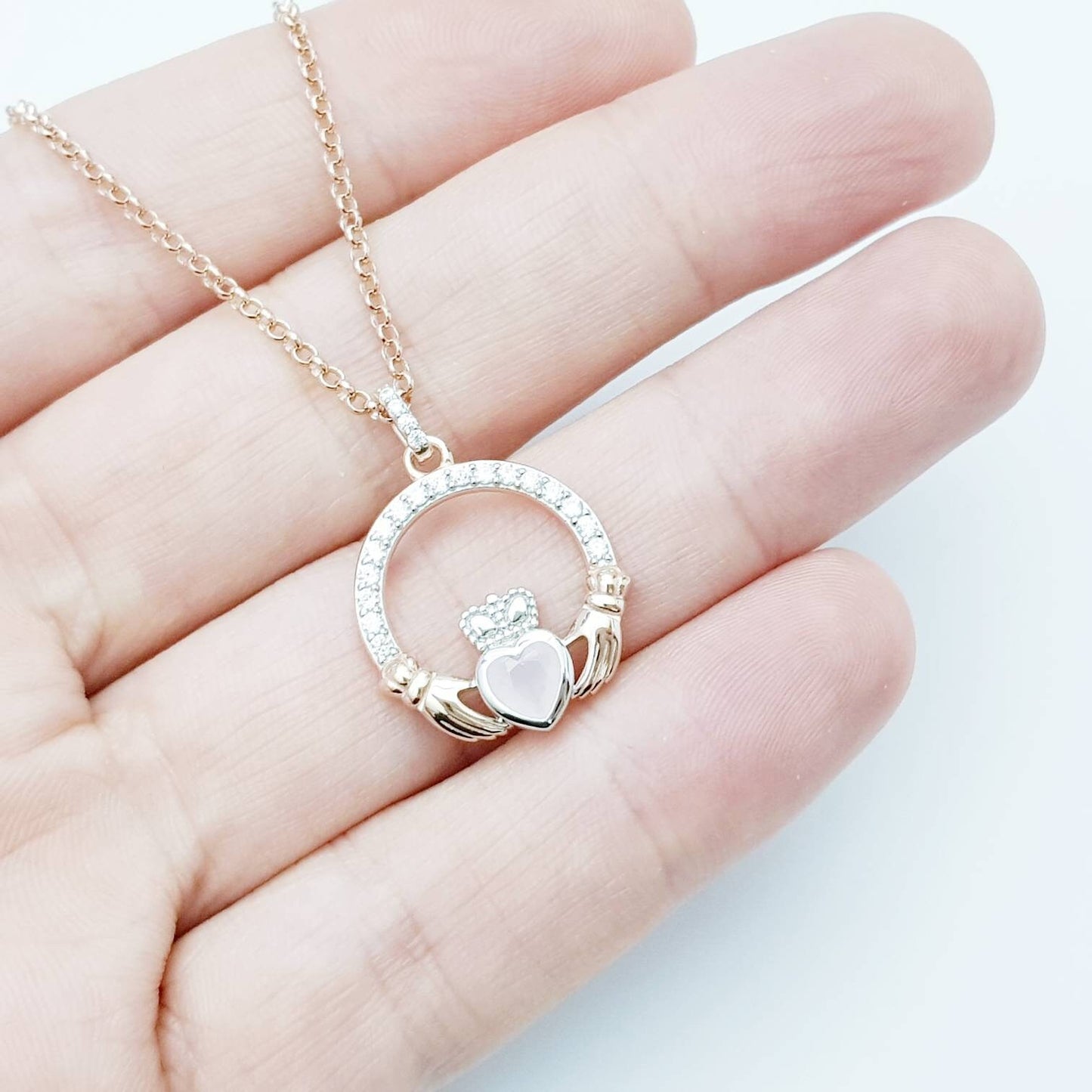 Pink Claddagh pendant, two tone claddagh necklace from Galway, Ireland, silver and rose gold claddagh pendant