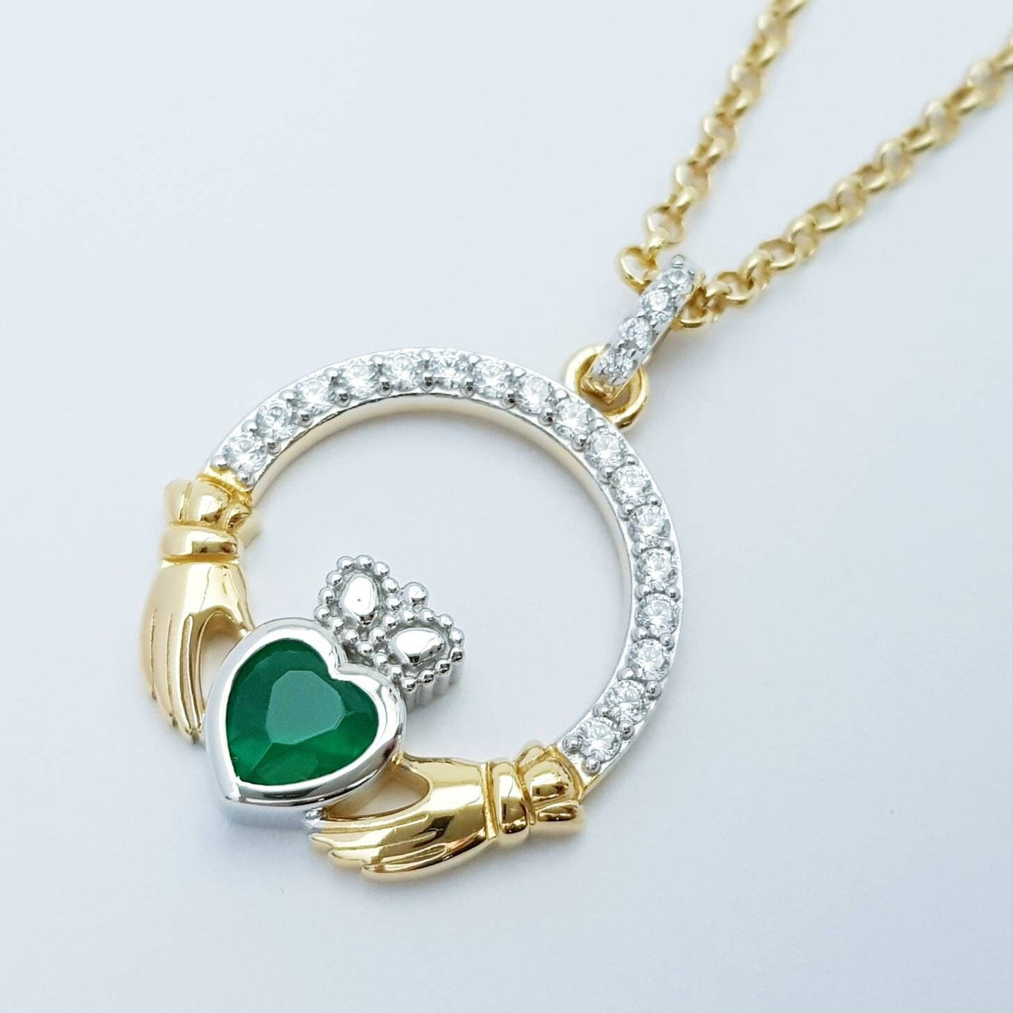 Green Claddagh pendant, claddagh necklace, silver & gold claddagh pendant