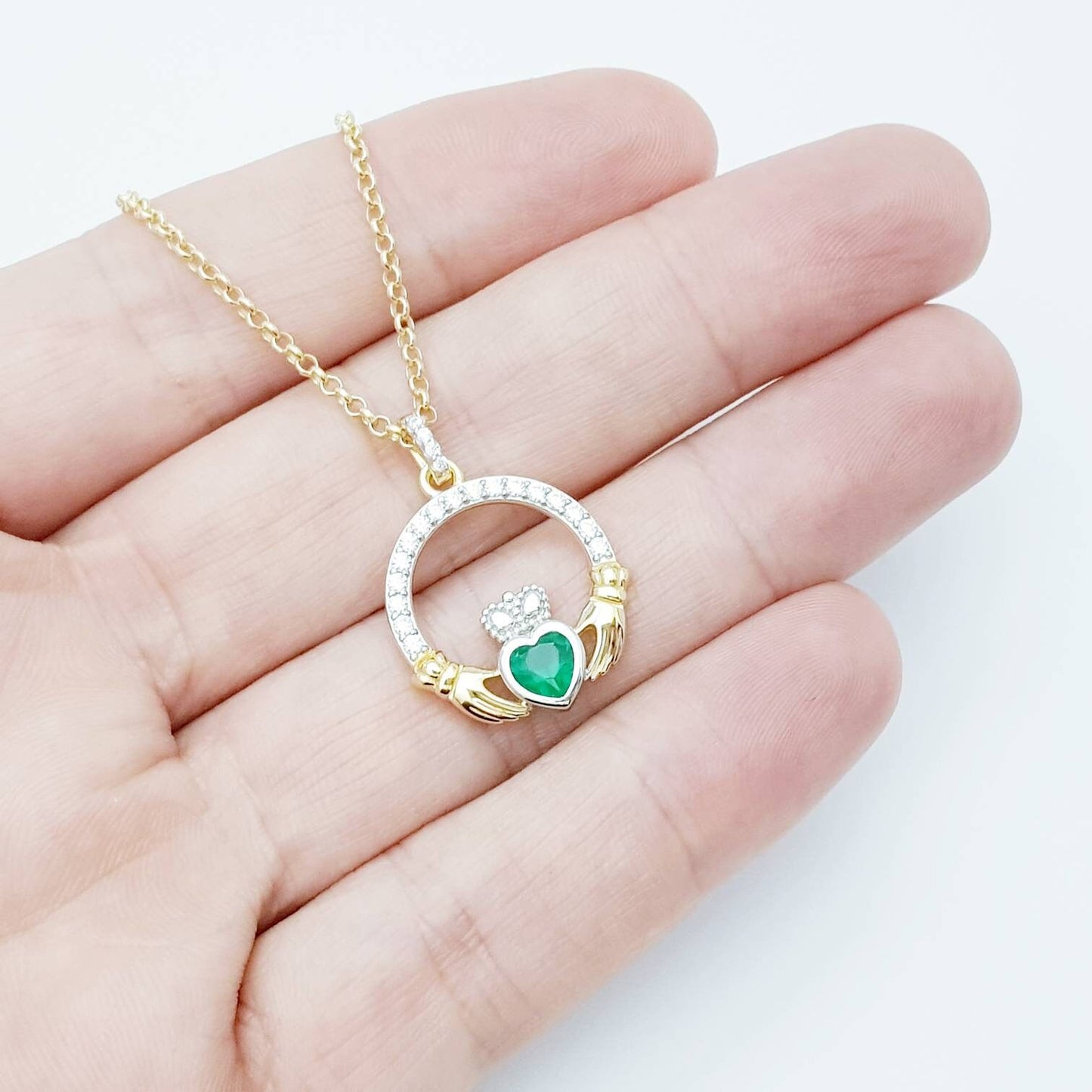 Green Claddagh pendant, claddagh necklace, silver & gold claddagh pendant