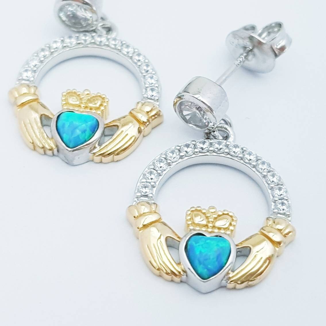 Opal claddagh Earrings, Silver Claddagh Earrings, October birthstone