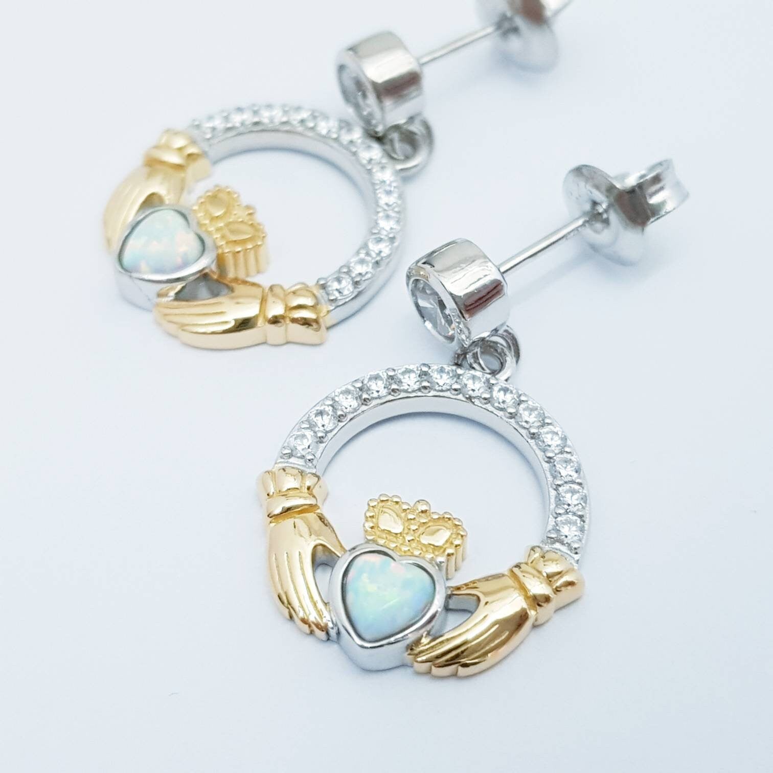 Opal claddagh Earrings, Silver Claddagh Earrings, October birthstone
