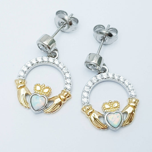Opal claddagh Earrings, Silver Claddagh Earrings, October birthstone