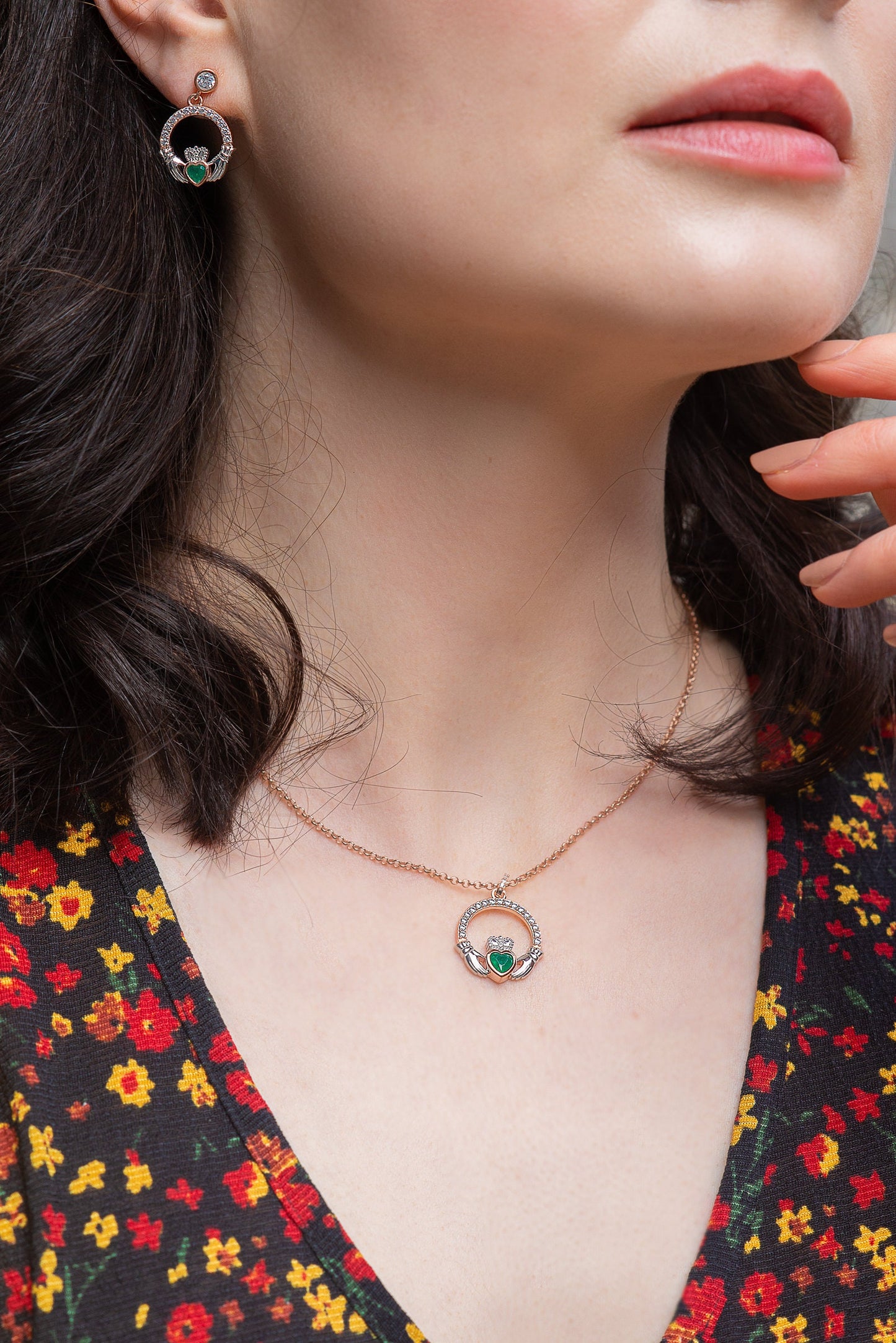 Green Claddagh pendant, two tone claddagh necklace from Galway, Ireland, silver and rose gold claddagh pendant