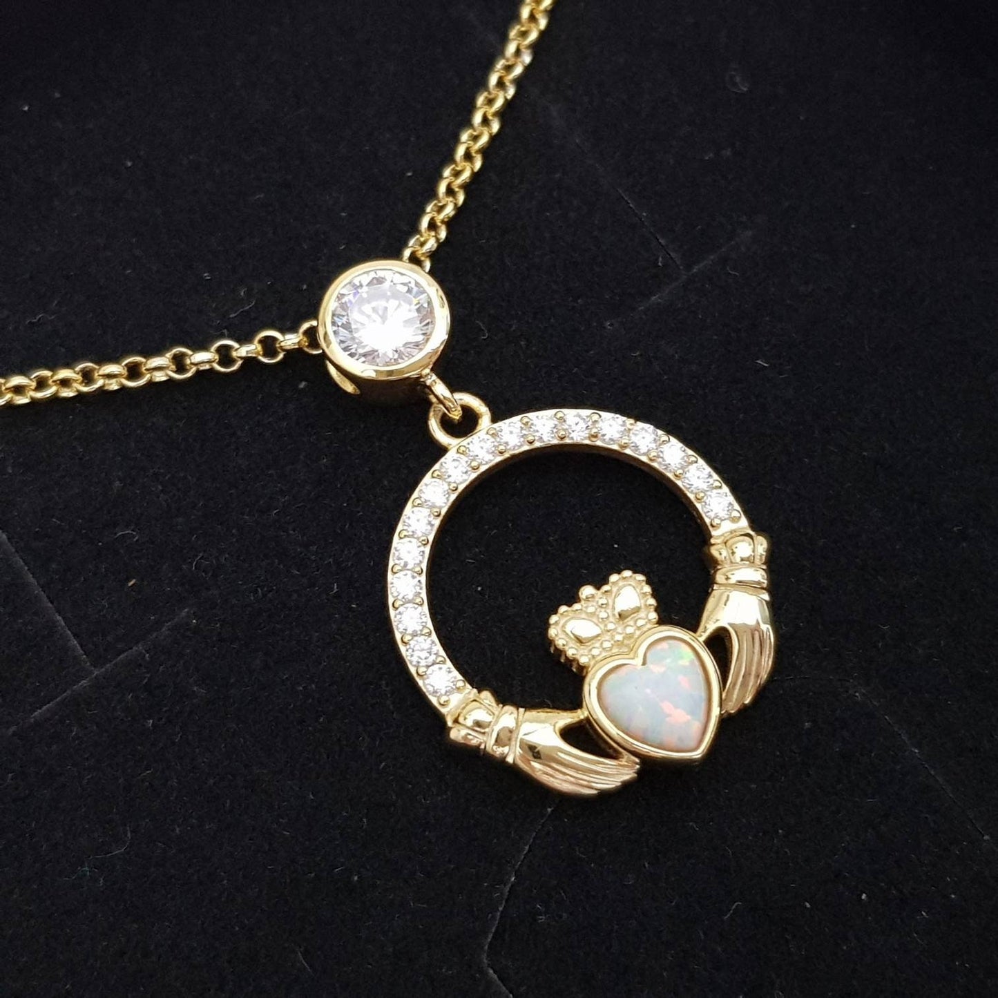 Opal Claddagh pendant, claddagh necklace, yellow gold claddagh pendant October birthstone