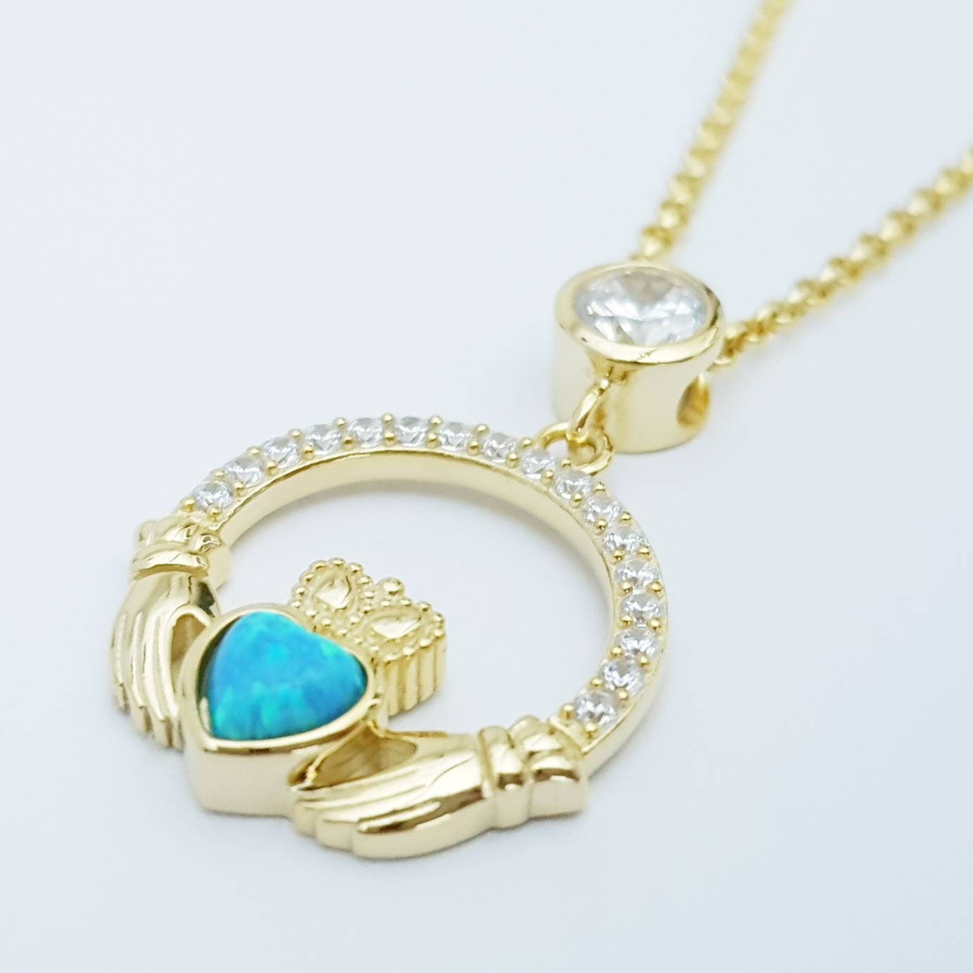 Opal Claddagh pendant, claddagh necklace, yellow gold plated claddagh pendant