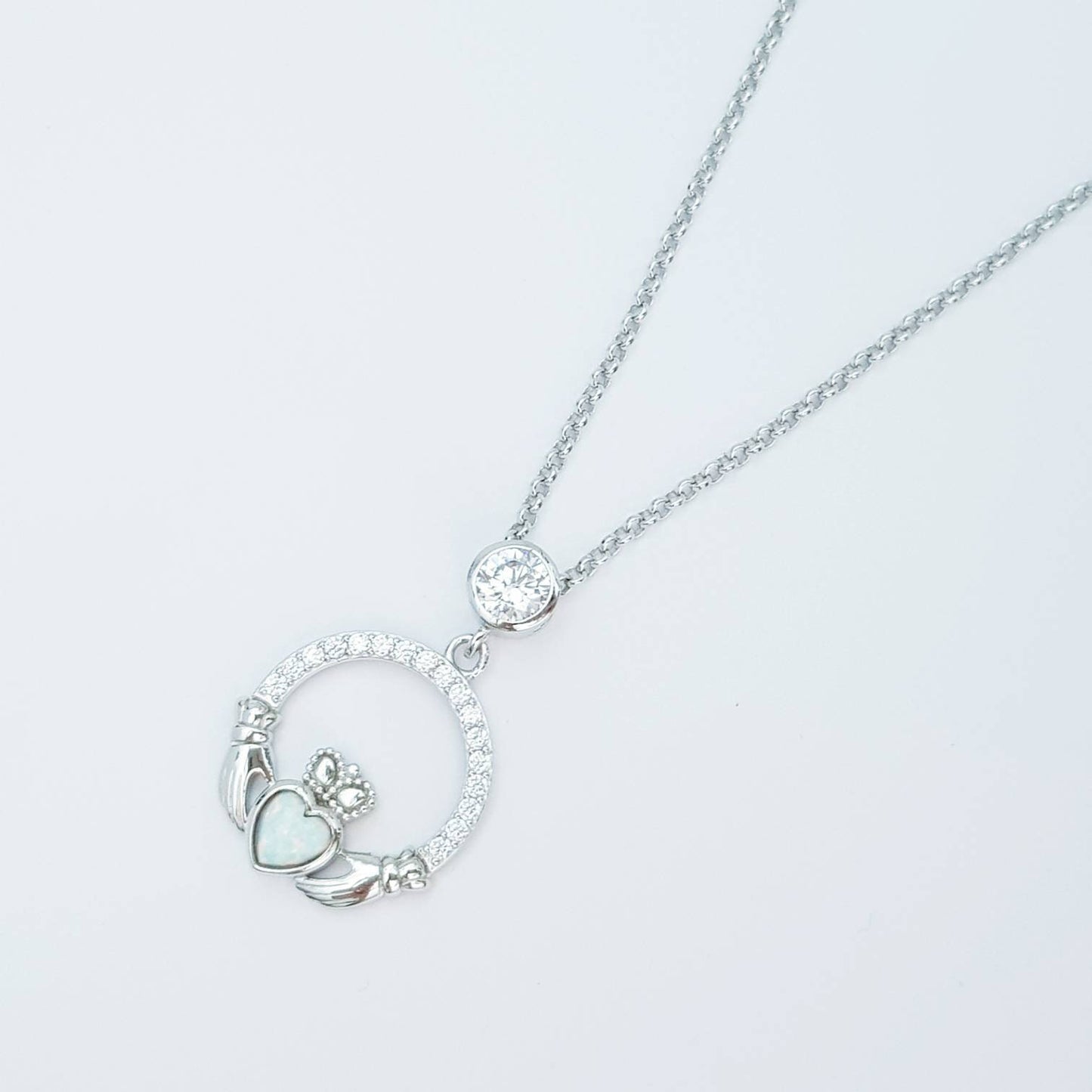 Opal Claddagh pendant, claddagh necklace, yellow gold claddagh pendant October birthstone