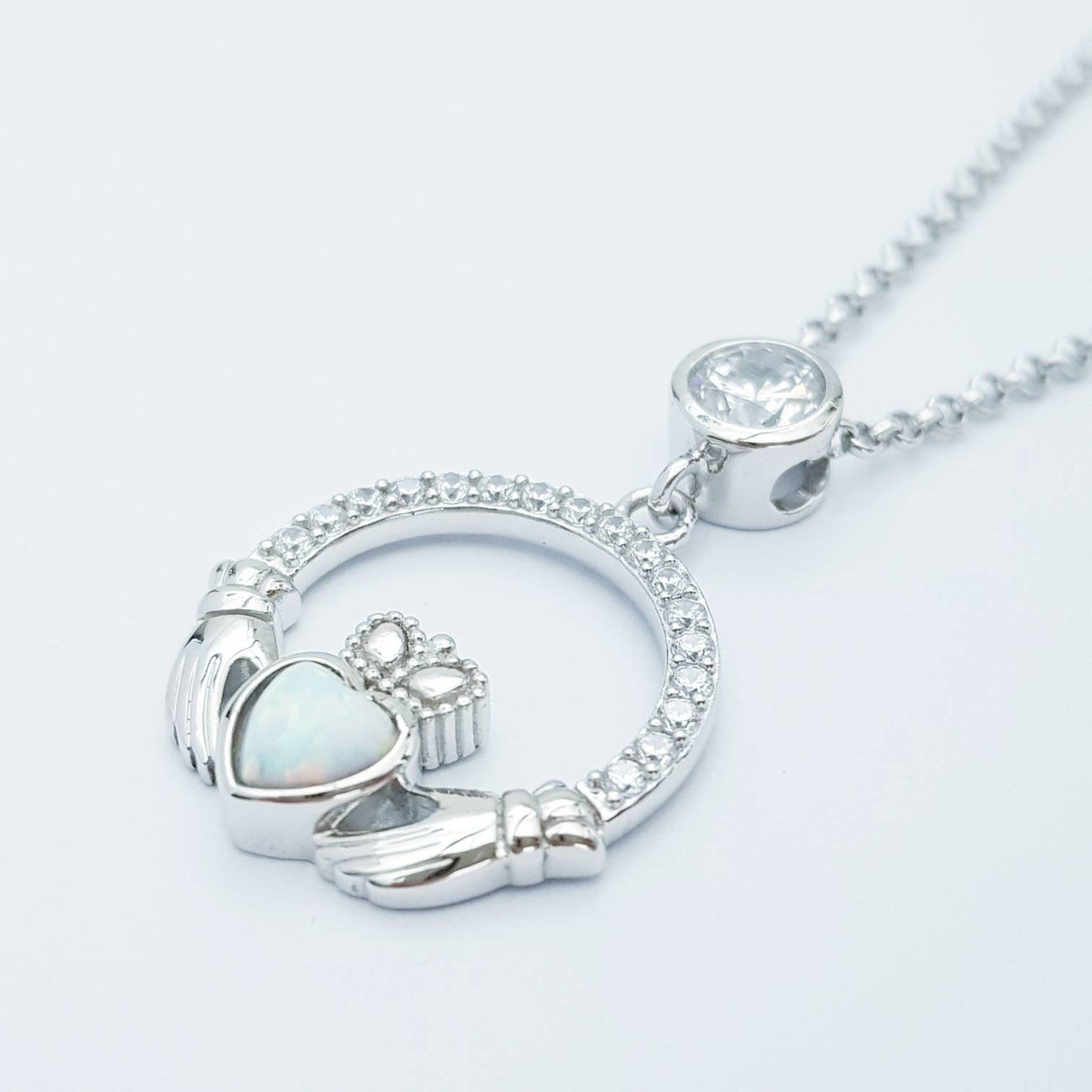 Opal Claddagh pendant, claddagh necklace, yellow gold claddagh pendant October birthstone