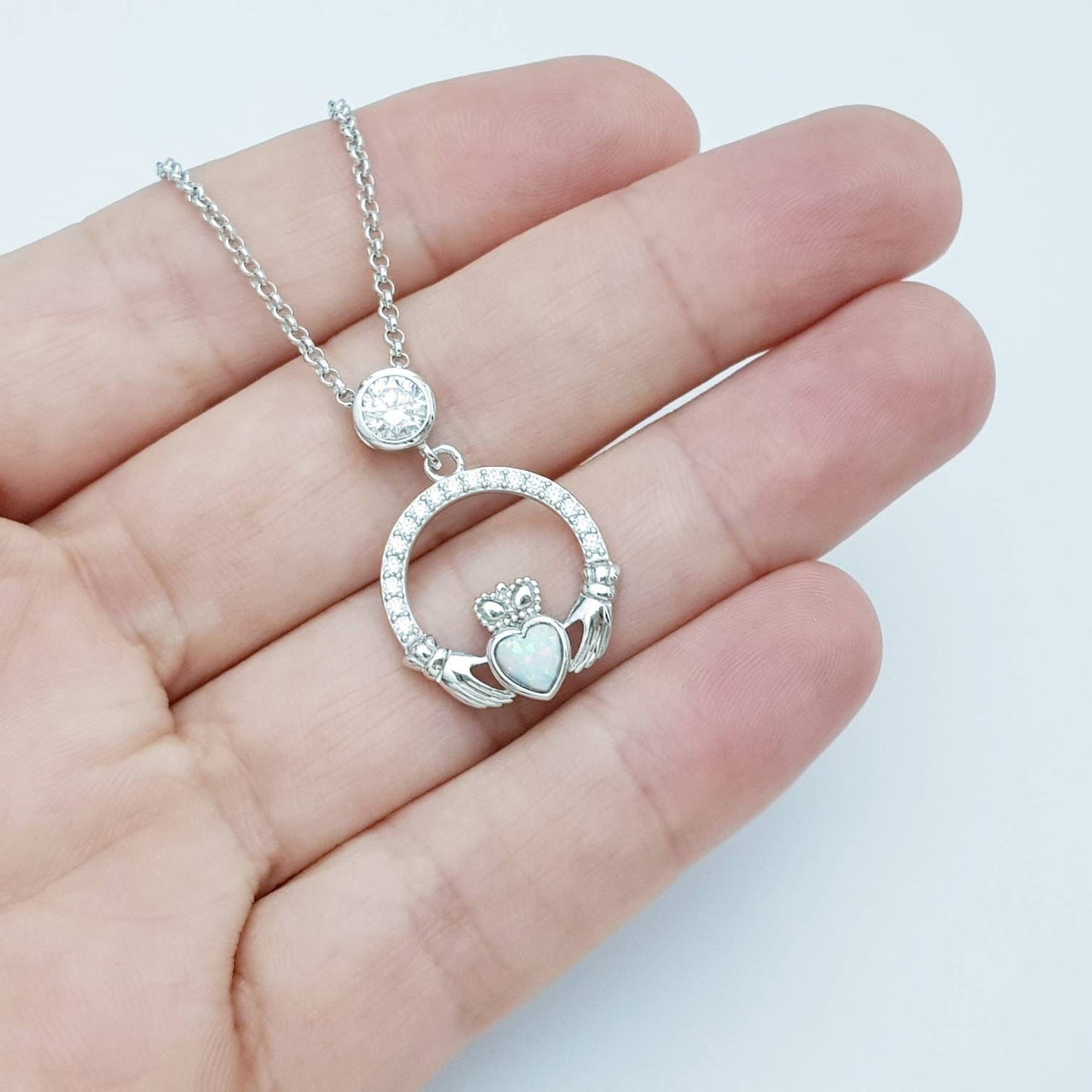 Opal Claddagh pendant, claddagh necklace, yellow gold claddagh pendant October birthstone