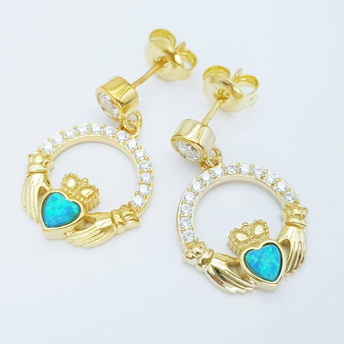 Opal claddagh Earrings, Silver Claddagh Earrings, October birthstone