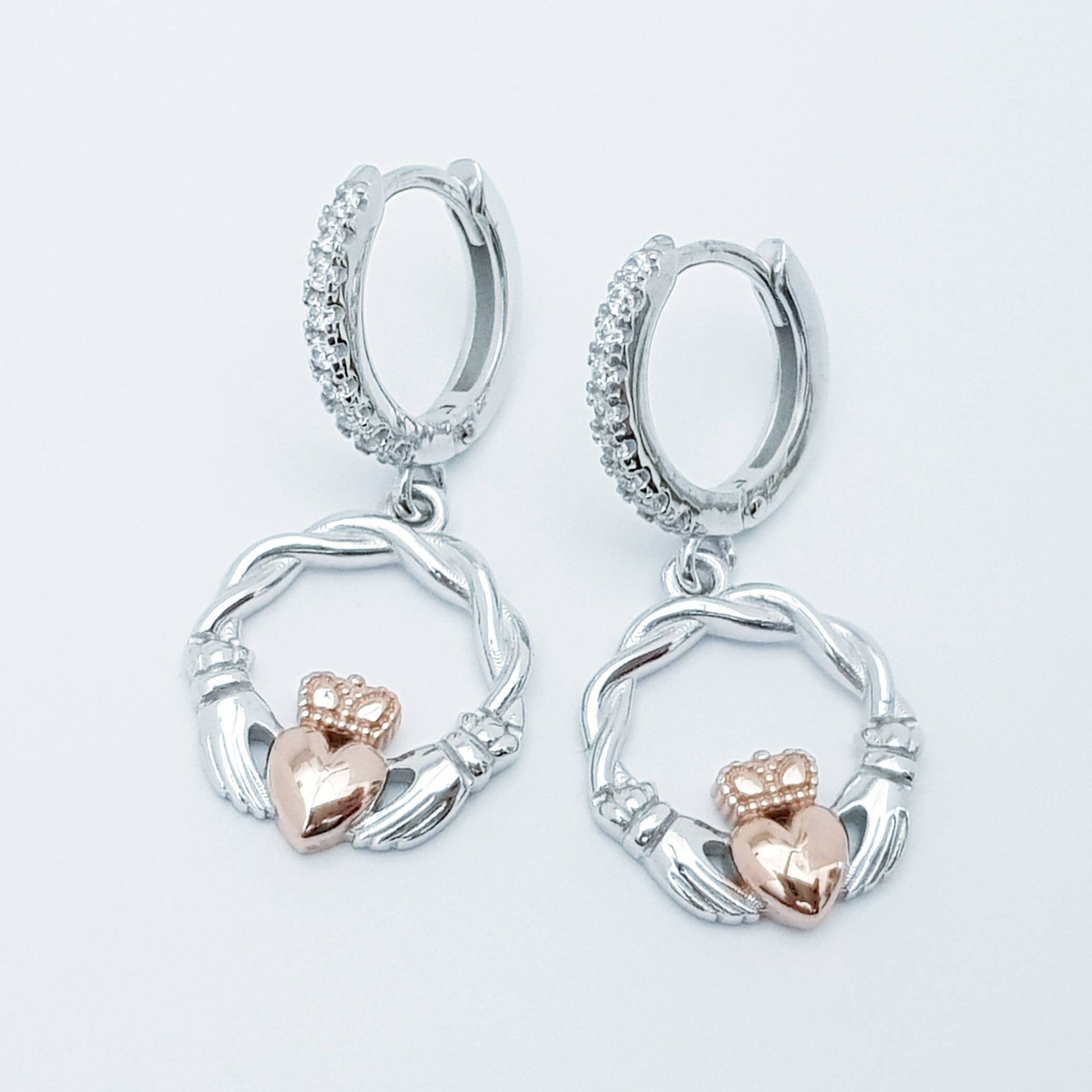 Silver hoop Claddagh Earrings, braided Claddagh Earrings, rose Gold Claddagh drop Earrings