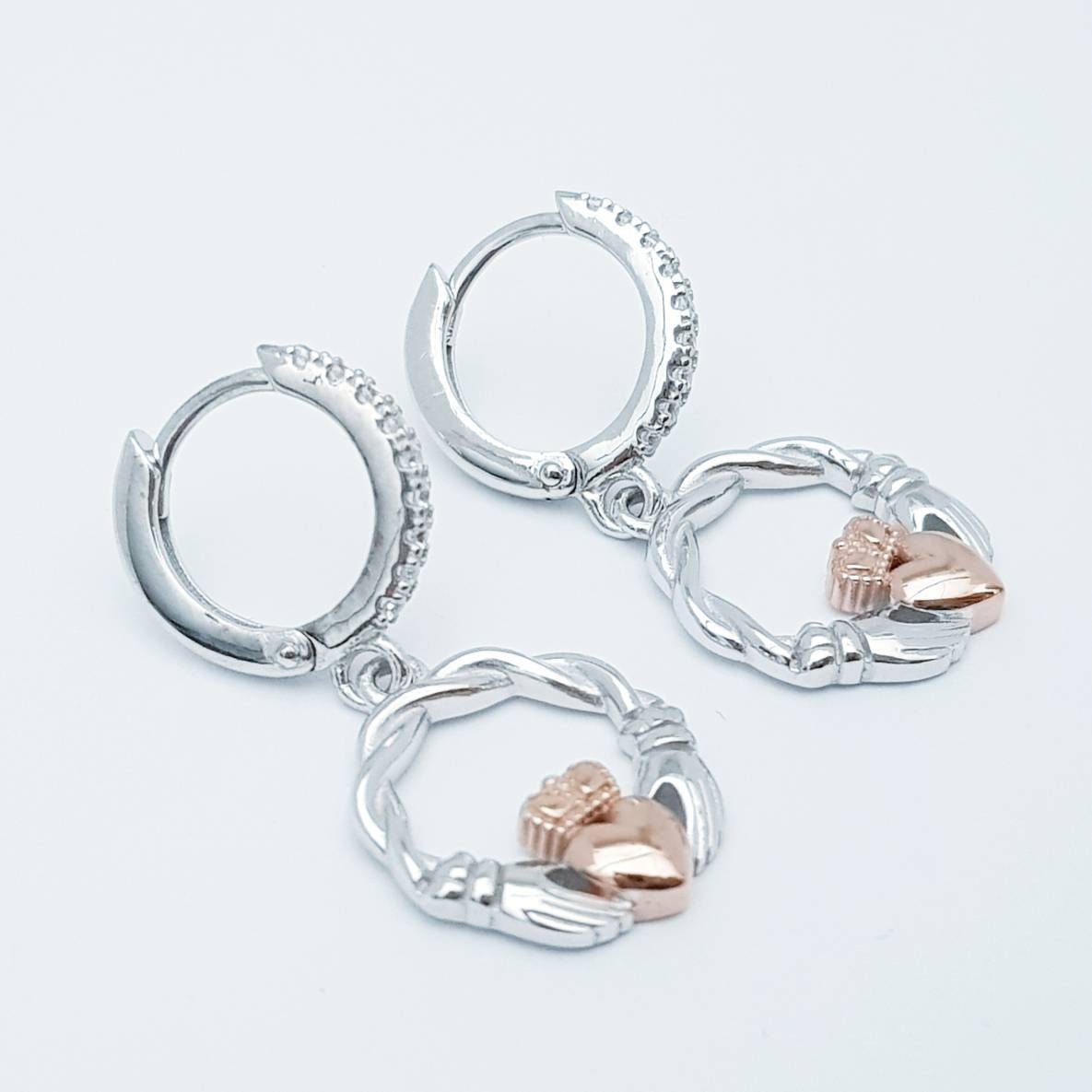 Silver hoop Claddagh Earrings, braided Claddagh Earrings, rose Gold Claddagh drop Earrings