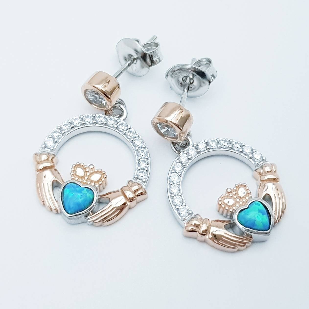 Opal claddagh Earrings, Silver and rose gold Claddagh Earrings,