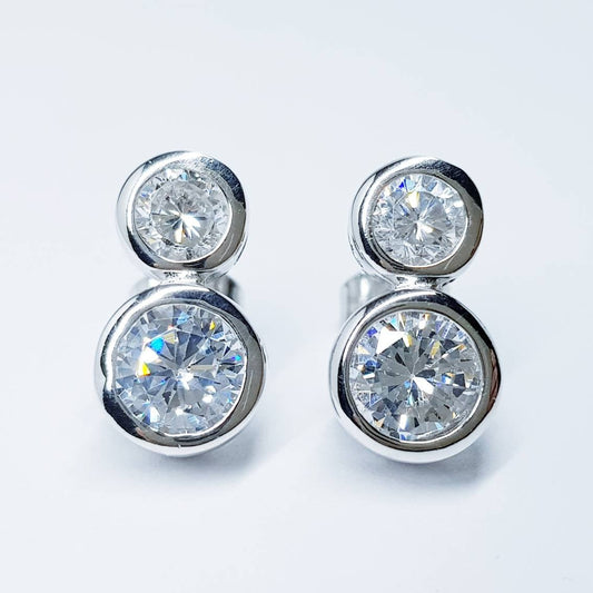 Sterling Silver stud earrings, two stone stud earrings, man made Diamond Simulant studs,