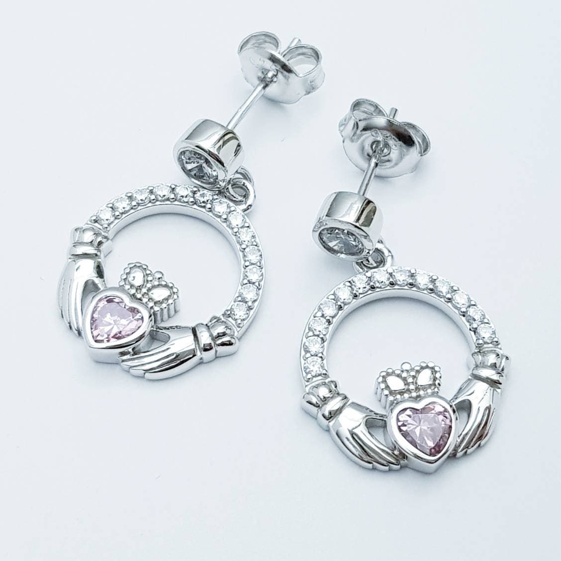 Sterling silver Claddagh Earrings, Pink Claddagh Earrings, drop Irish earrings