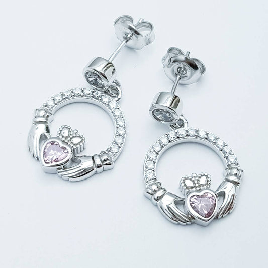 Sterling silver Claddagh Earrings, Pink Claddagh Earrings, drop Irish earrings