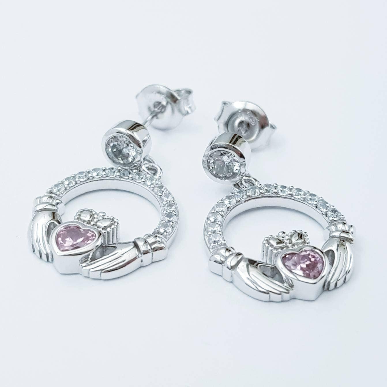 Sterling silver Claddagh Earrings, Pink Claddagh Earrings, drop Irish earrings
