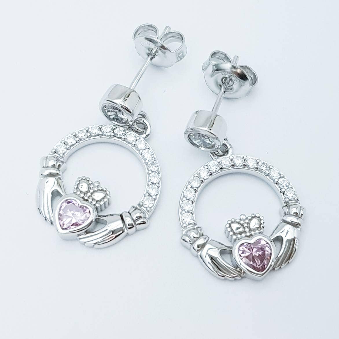 Sterling silver Claddagh Earrings, Pink Claddagh Earrings, drop Irish earrings
