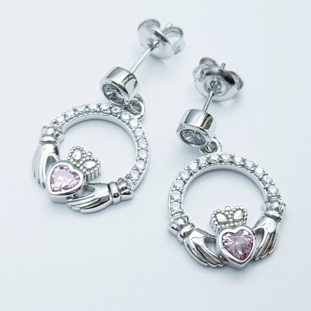 Sterling silver Claddagh Earrings, Pink Claddagh Earrings, drop Irish earrings