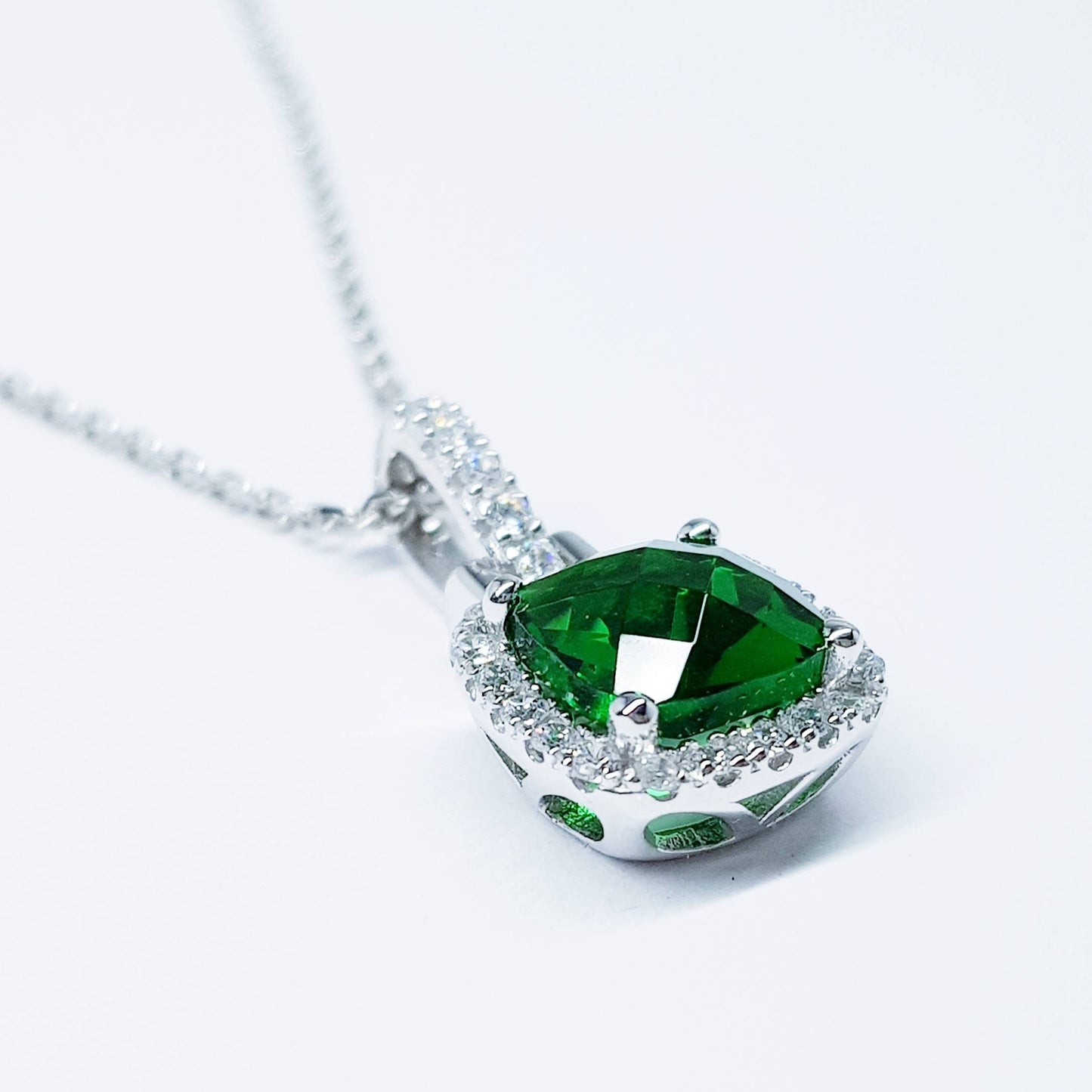 Sterling silver emerald green square necklace with cubic zirconia halo, vintage emerald pendant
