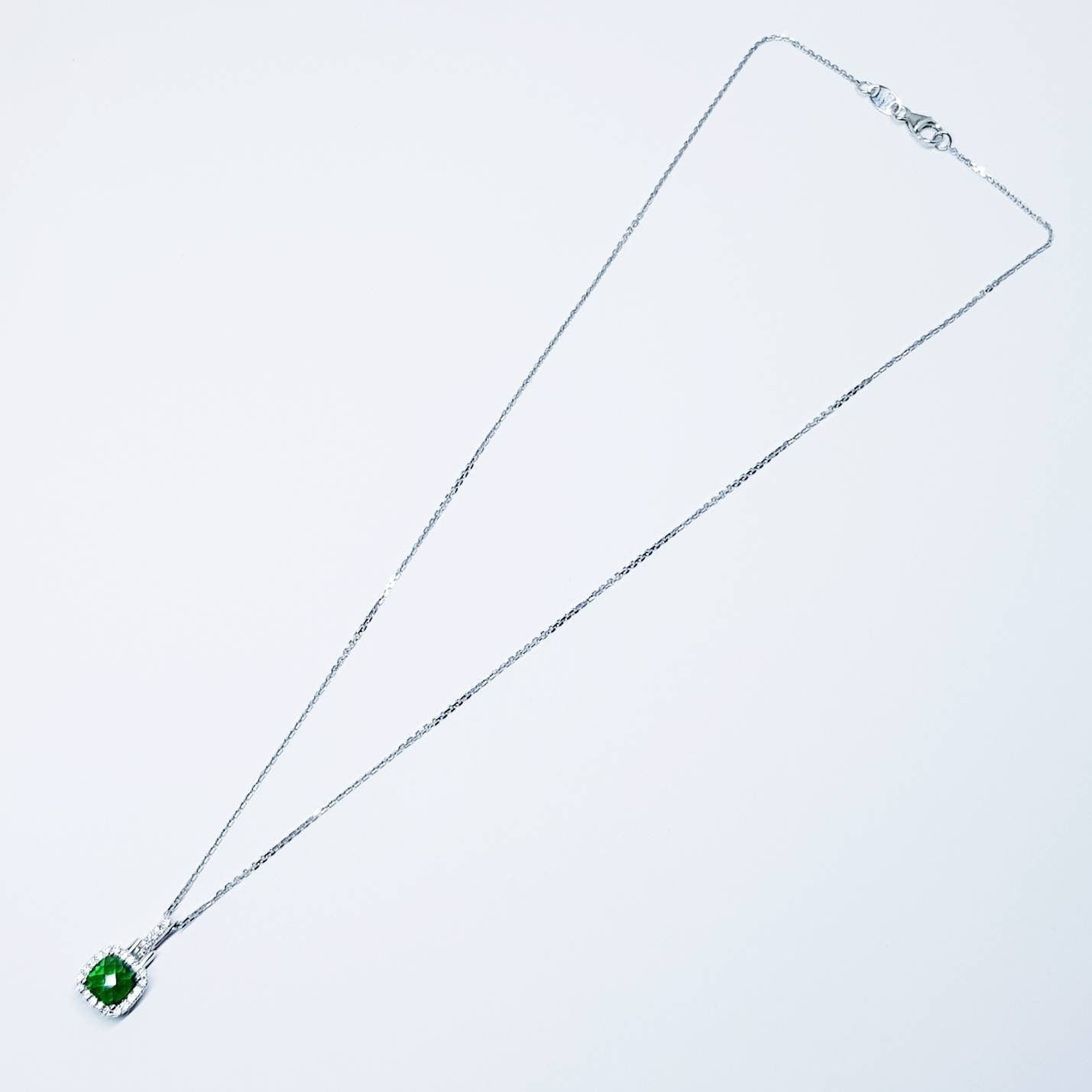 Sterling silver emerald green square necklace with cubic zirconia halo, vintage emerald pendant