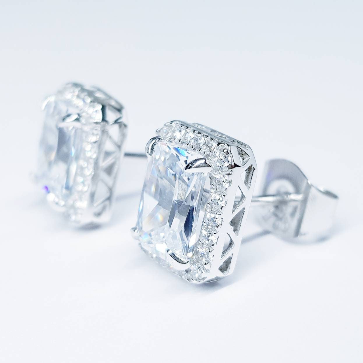 Sterling Silver stud earrings, emerald cut studs, made Diamond Simulants,