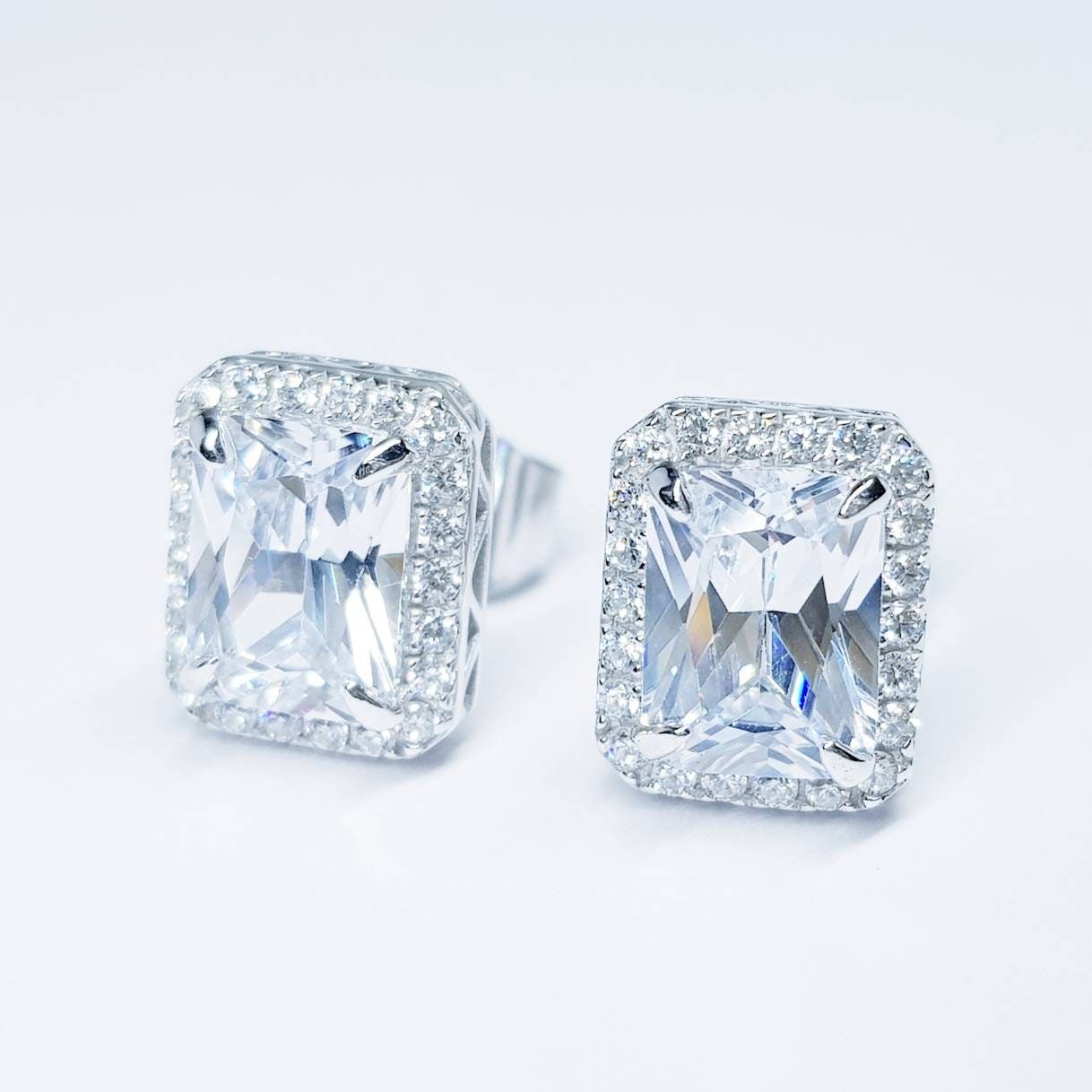 Sterling Silver stud earrings, emerald cut studs, made Diamond Simulants,