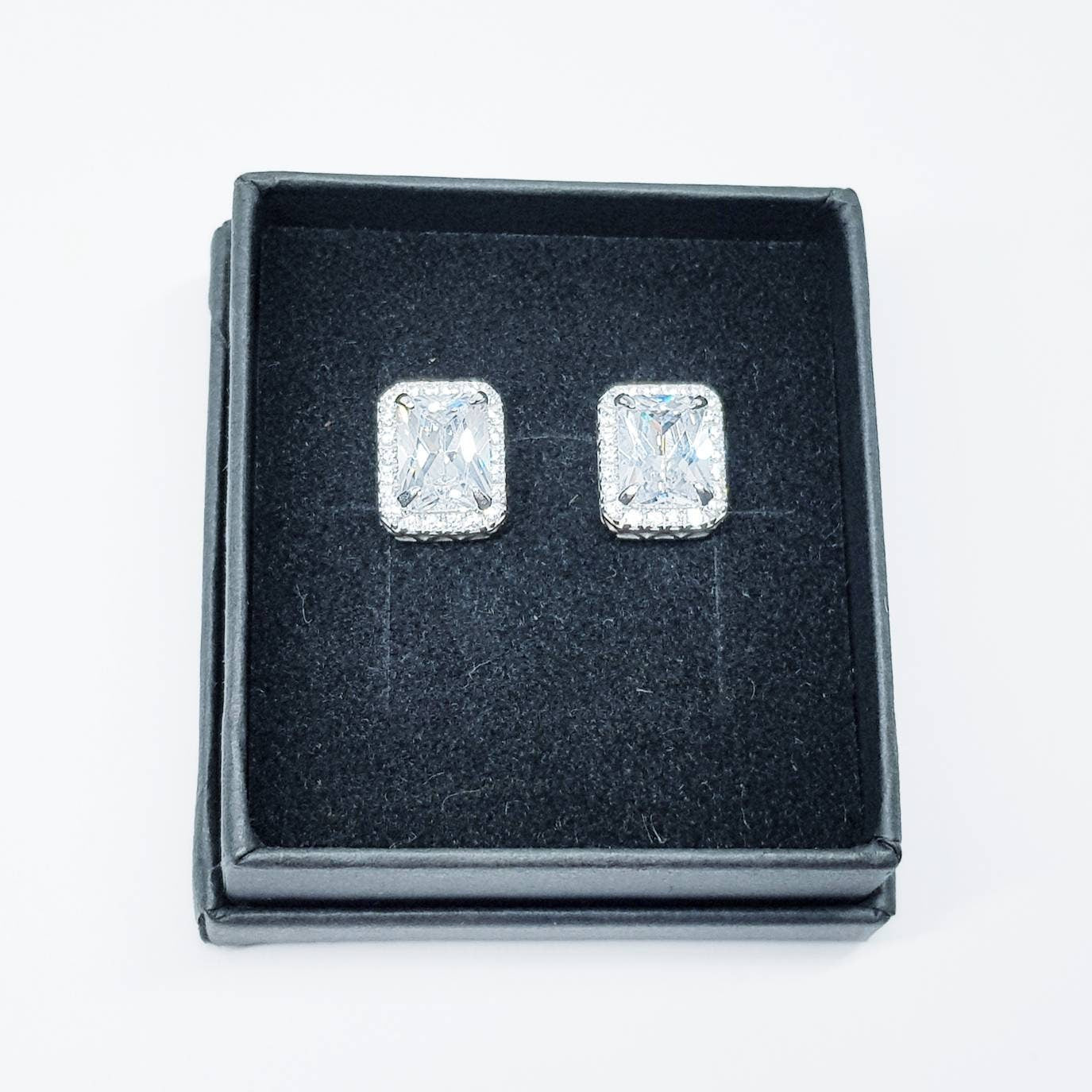 Sterling Silver stud earrings, emerald cut studs, made Diamond Simulants,