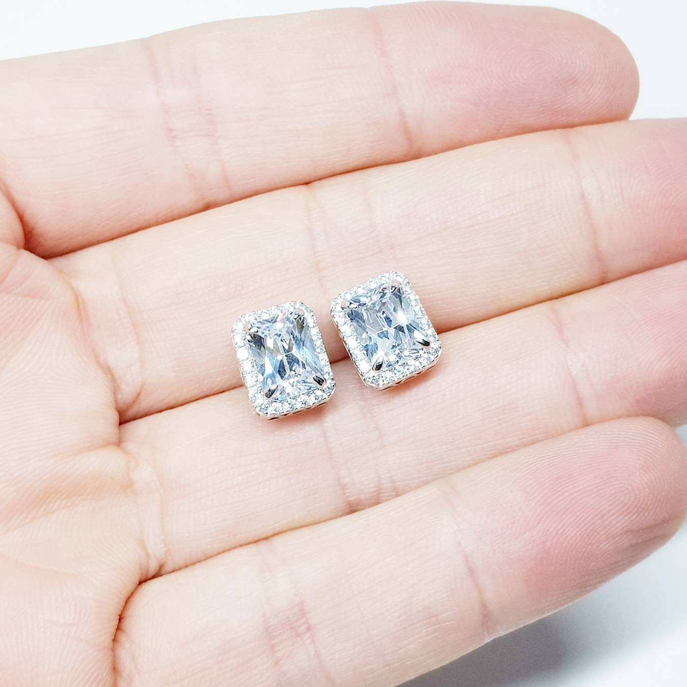 Sterling Silver stud earrings, emerald cut studs, made Diamond Simulants,