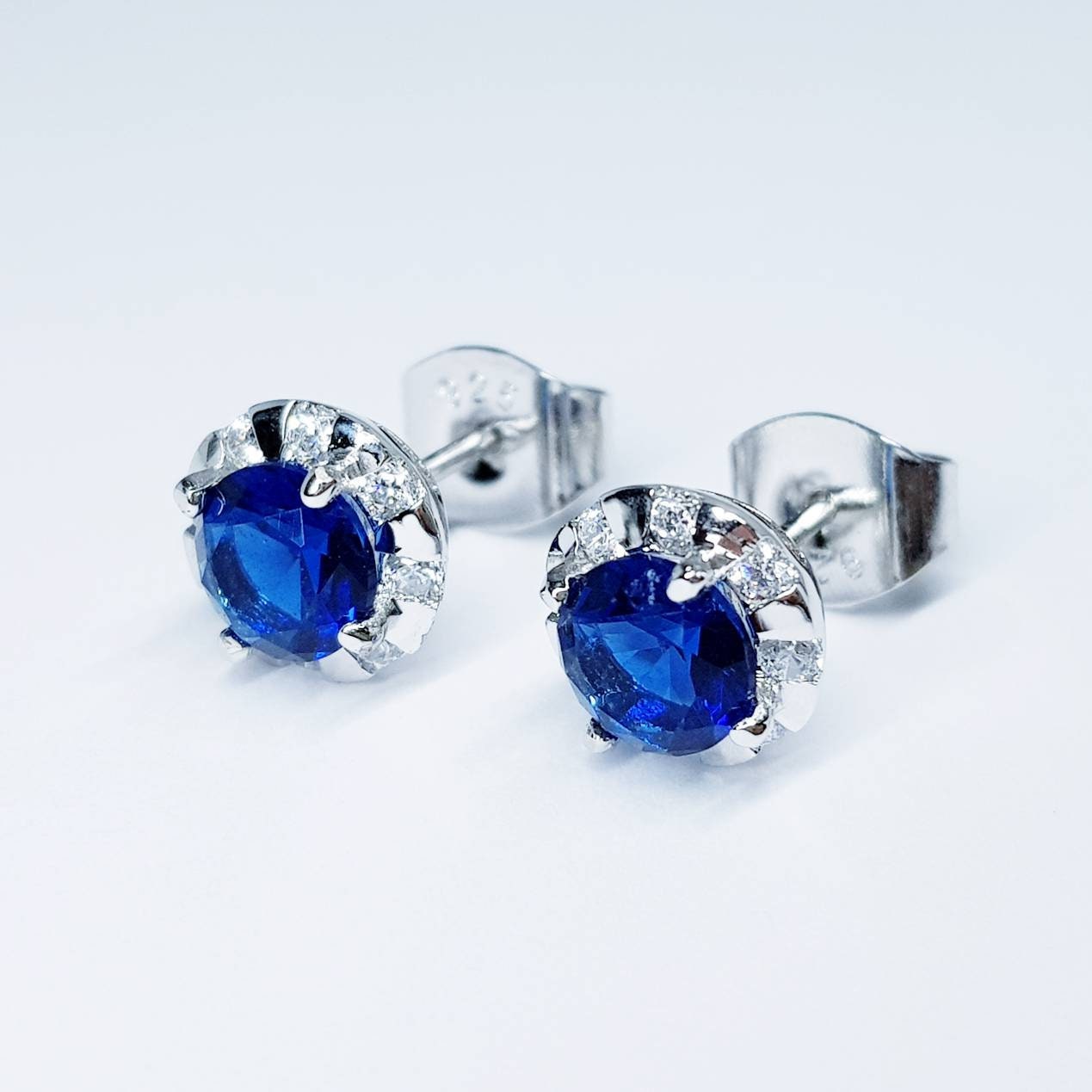 Round silver Blue stud earrings, silver halo blue Stud Earrings,Round CZ Stud Earrings